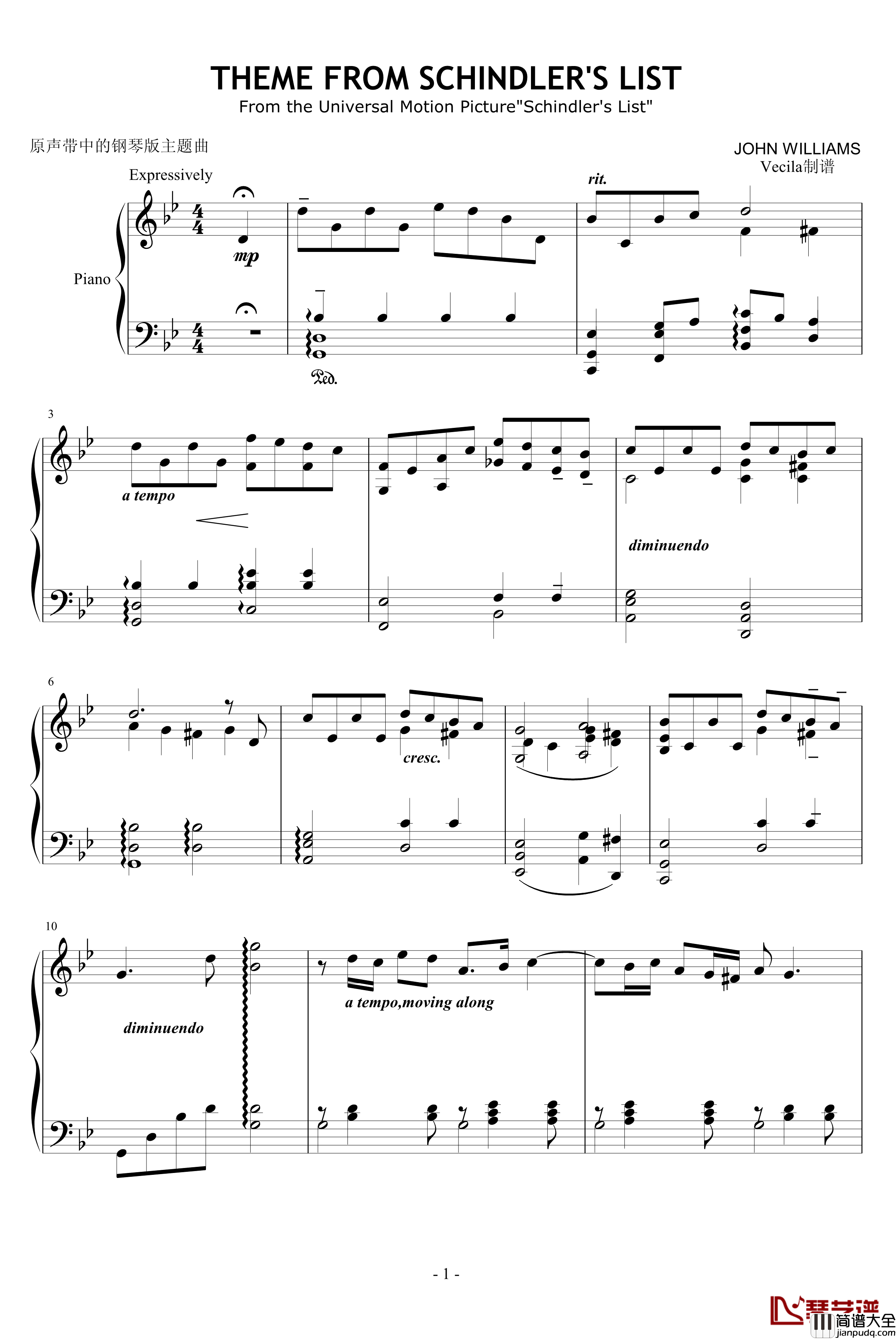 辛德勒的名单钢琴谱_钢琴,原版_reprise_影视