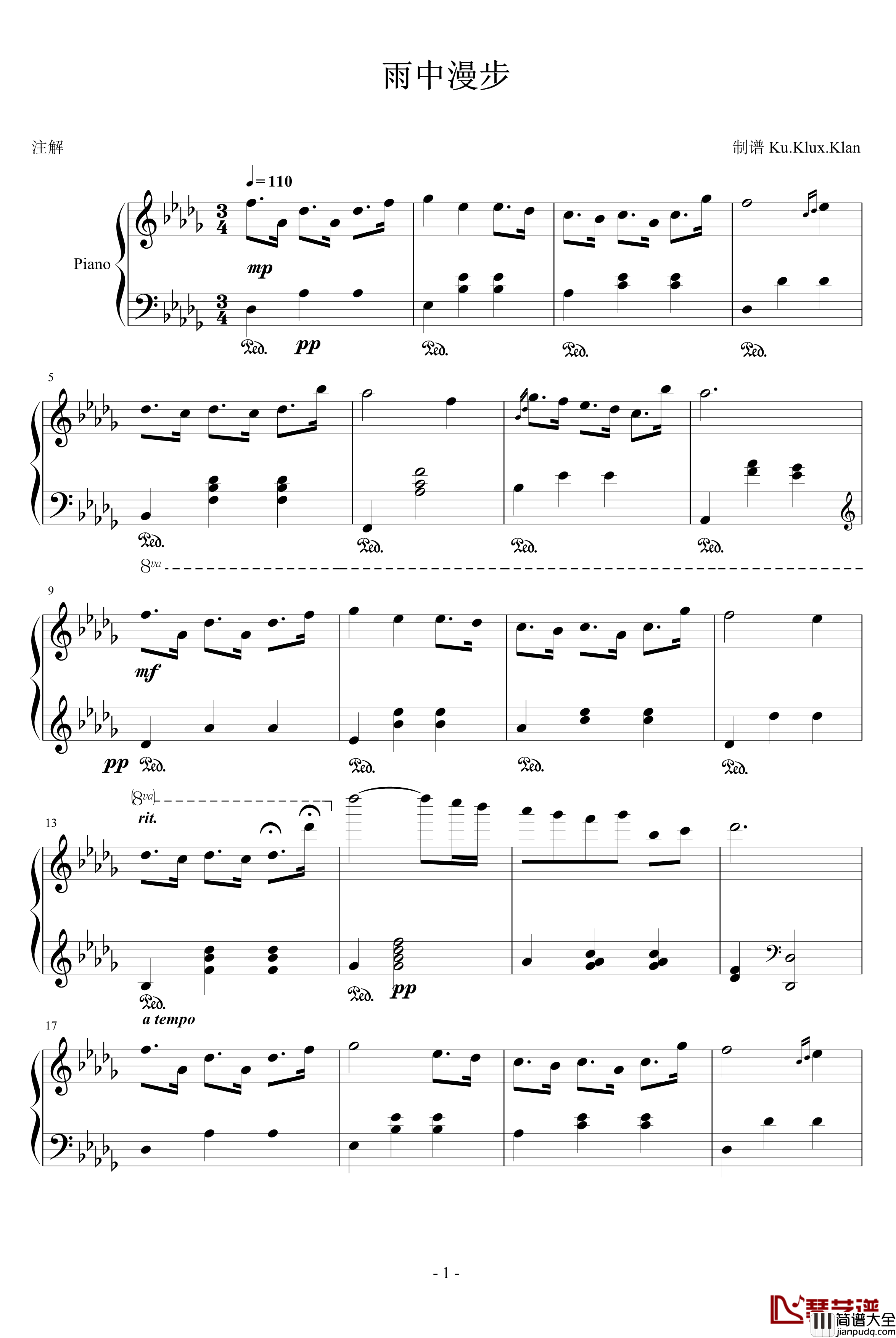 雨中漫步钢琴谱_Ku.Klux.Klan制作_未知分类