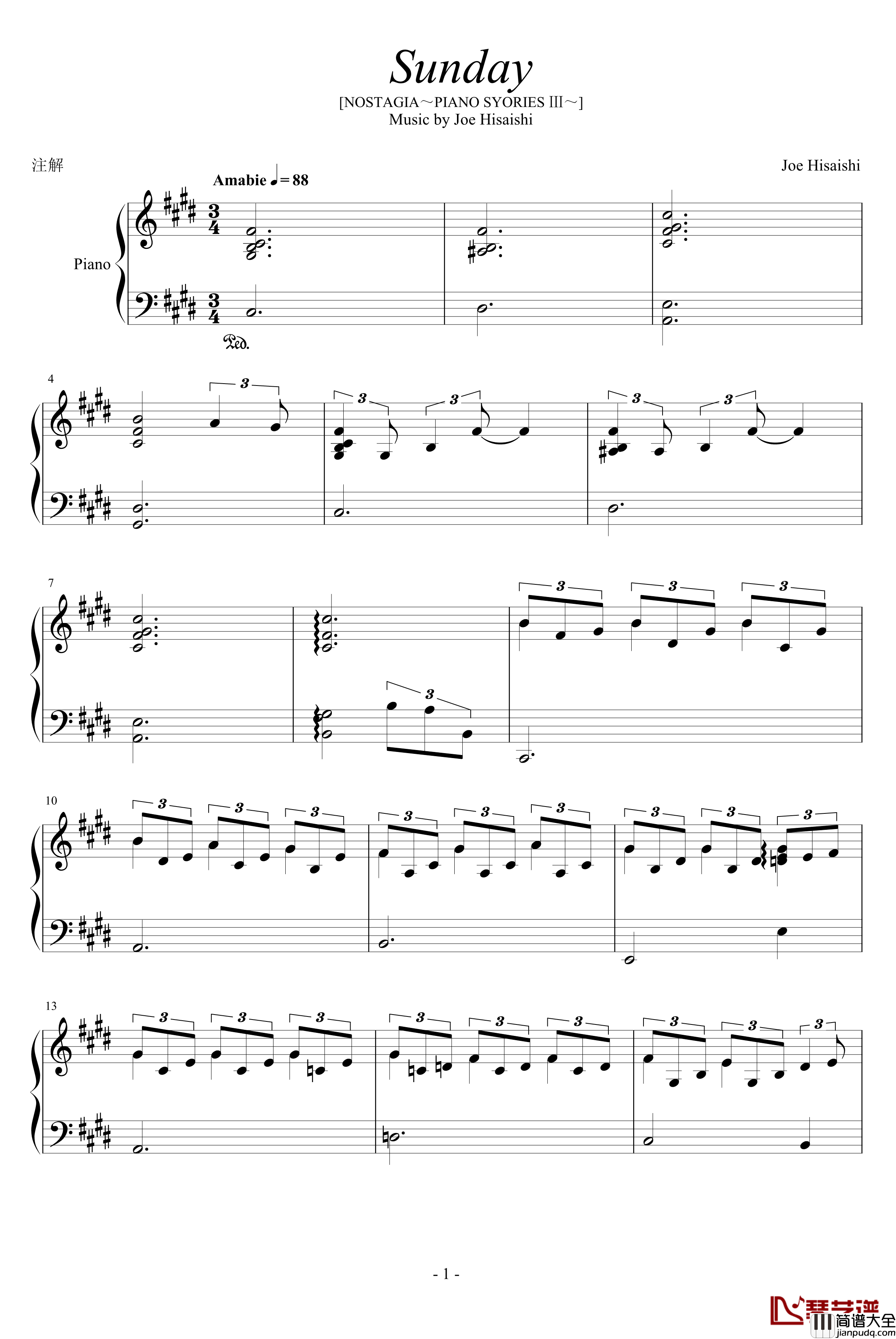 Sunday钢琴谱_joe_hisaishi