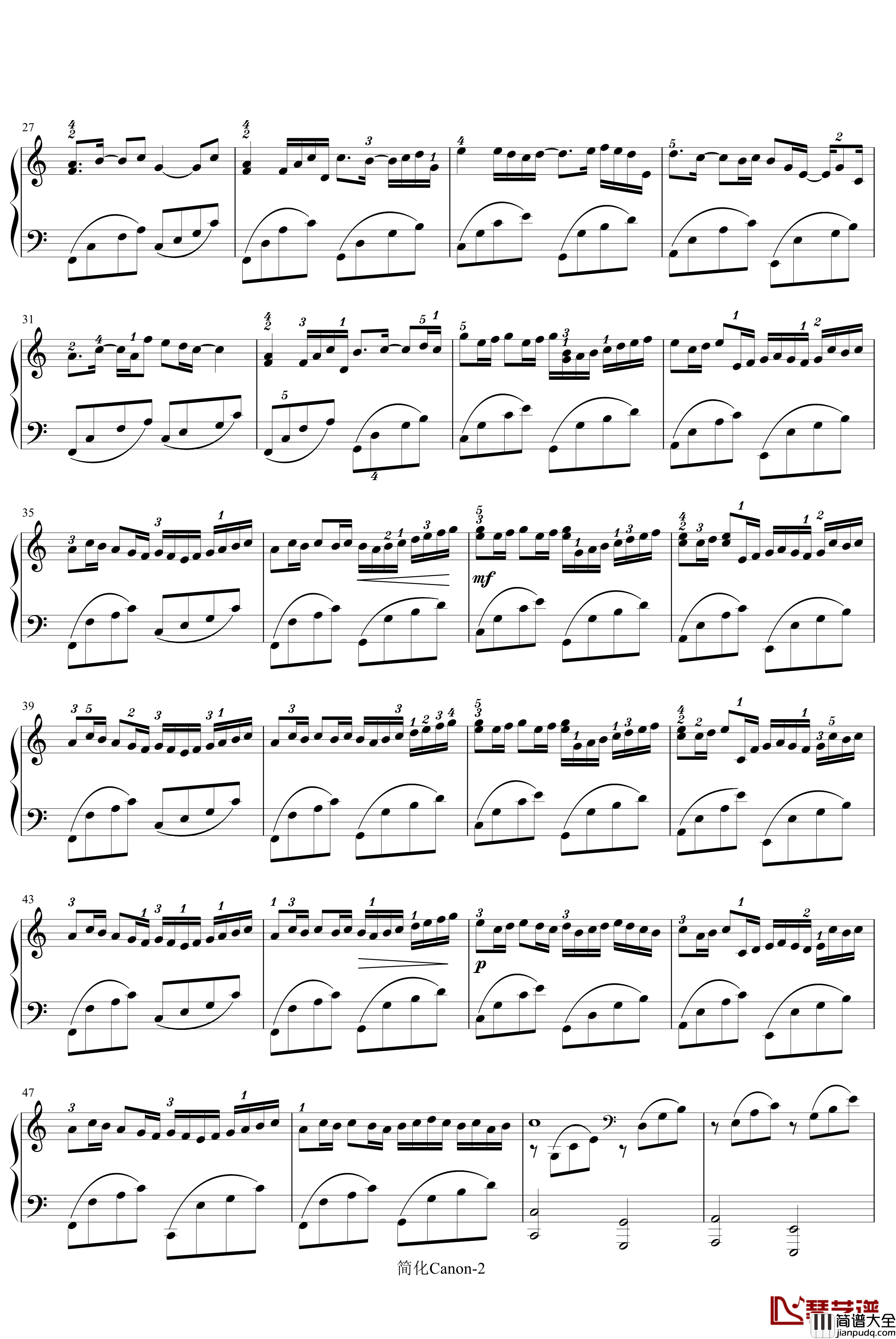 卡农_寒风钢琴谱_简化版_帕赫贝尔_Pachelbel