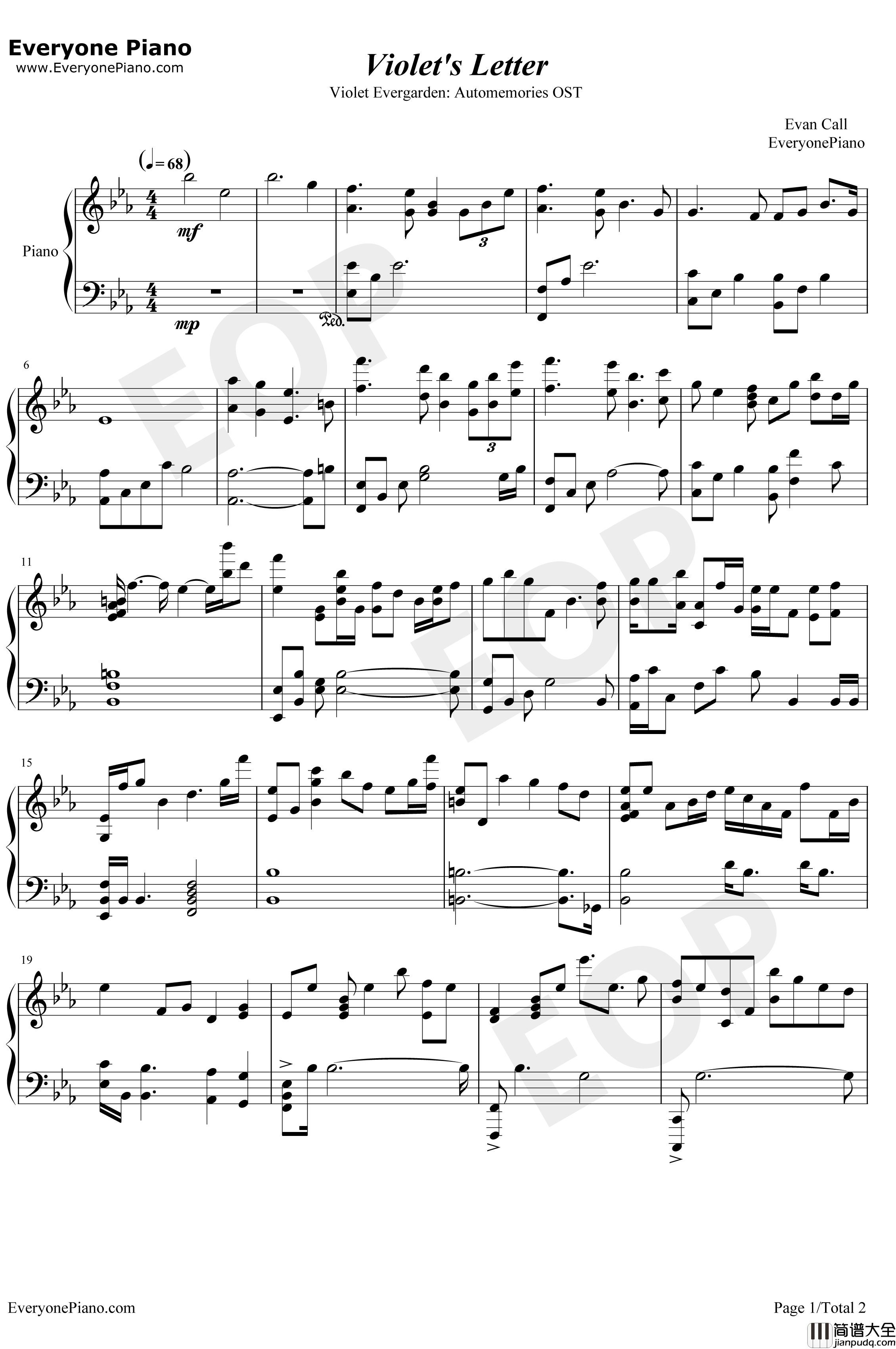 Violet's_Letter钢琴谱_EvanCall_紫罗兰永恒花园OST