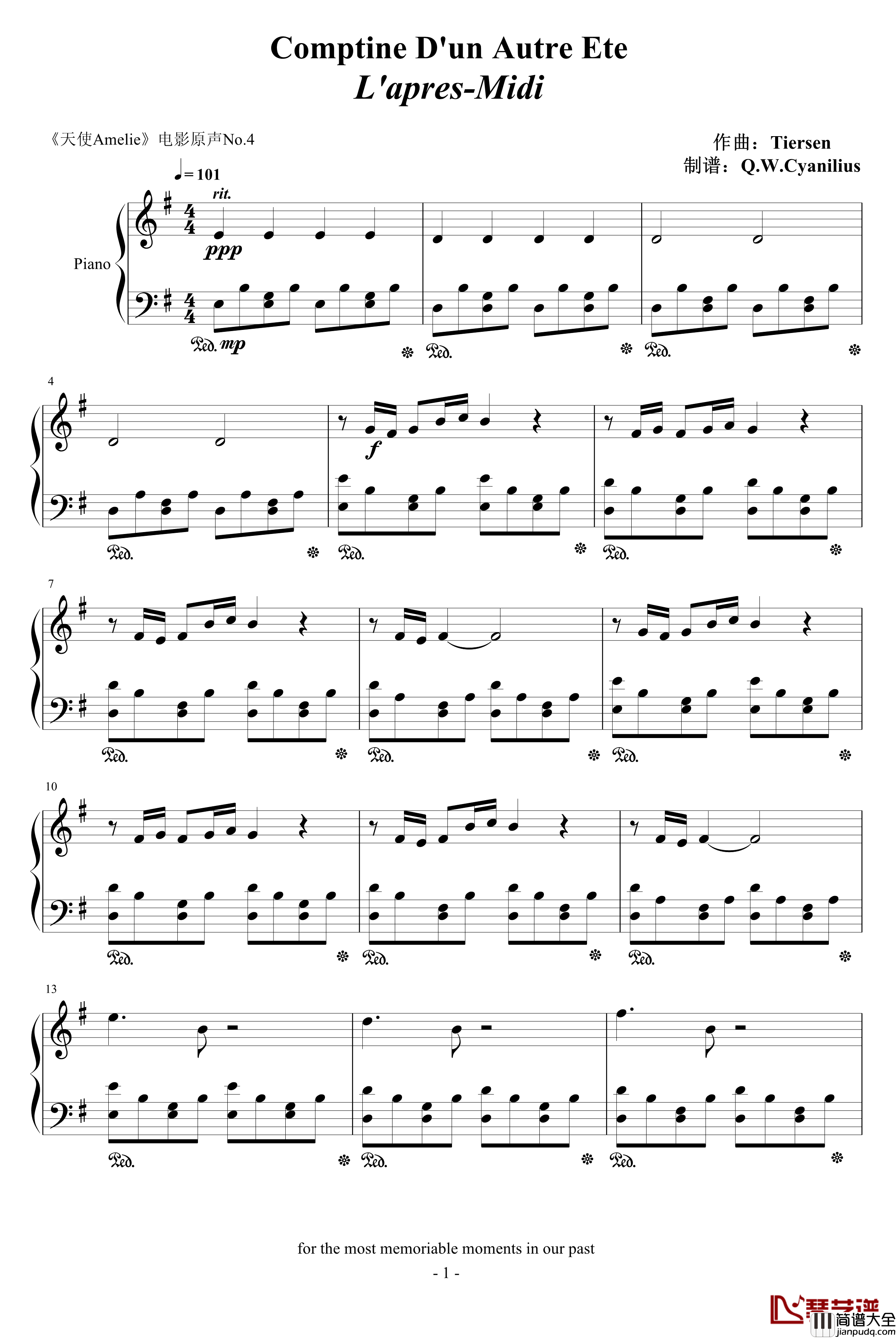 天使爱美丽钢琴谱_Yann_Tiersen