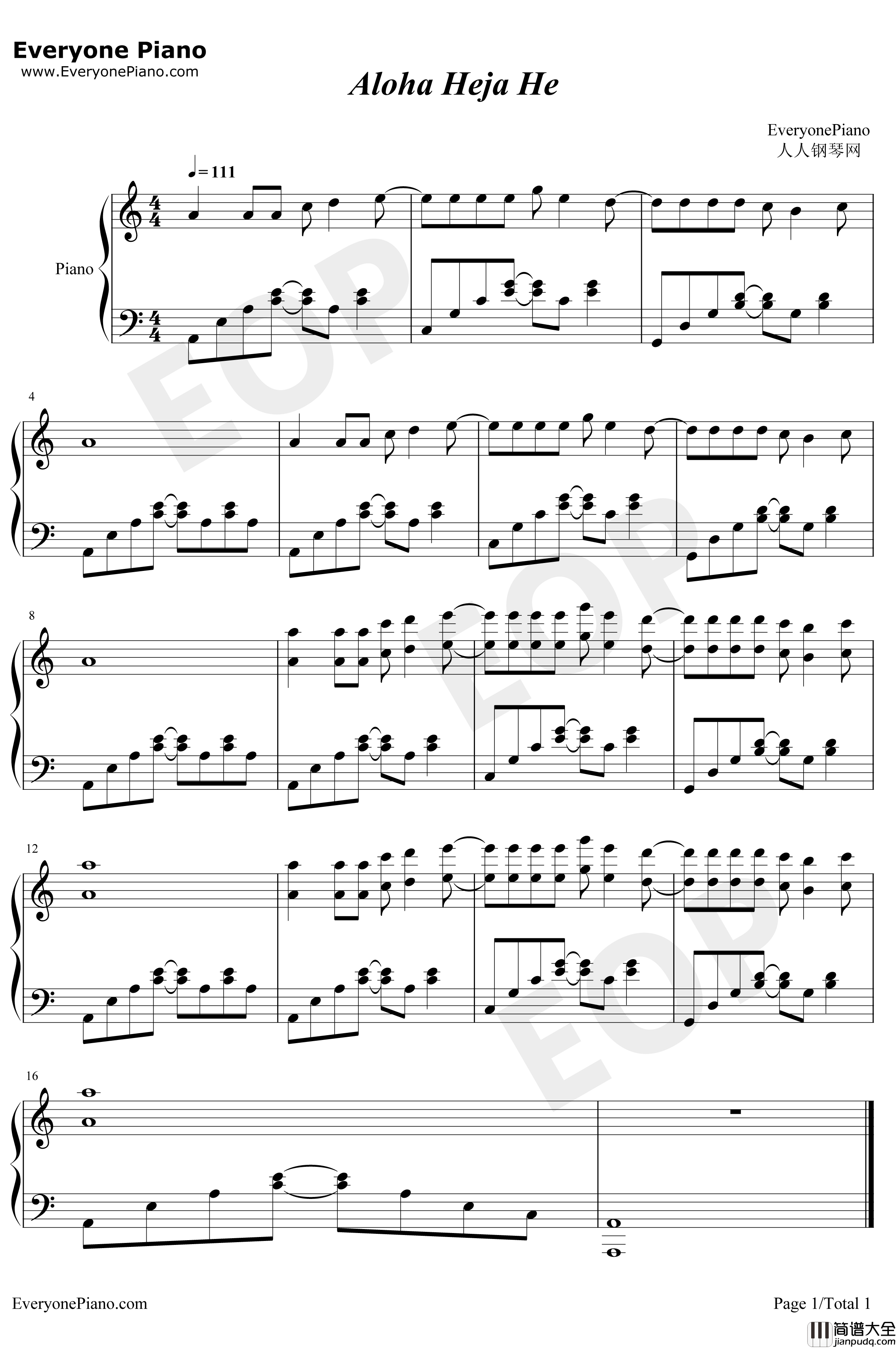 Aloha_Heja_He钢琴谱_AchimReichel_抖音热门歌曲_越听越洗脑