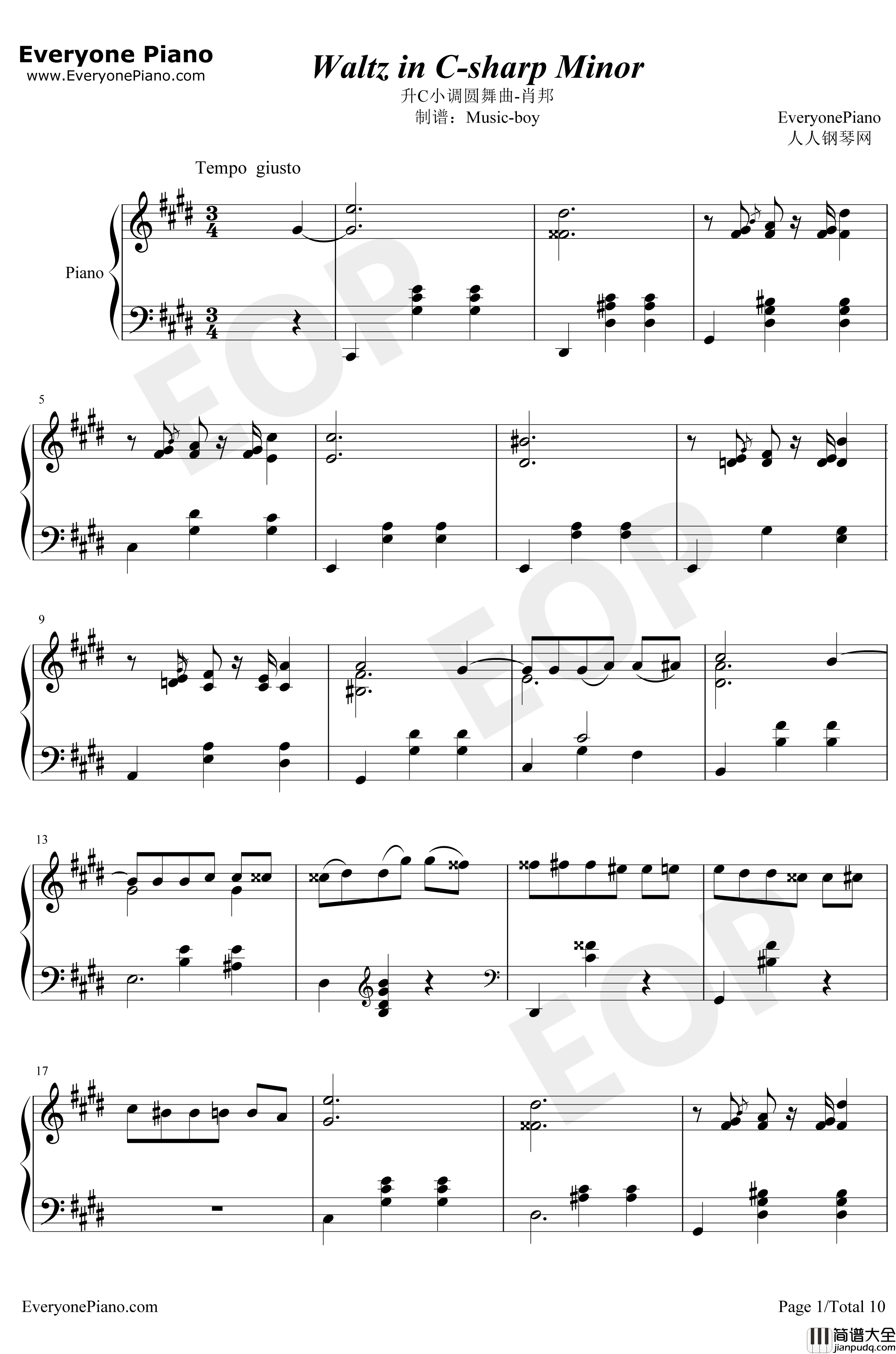 升C小调圆舞曲钢琴谱_肖邦