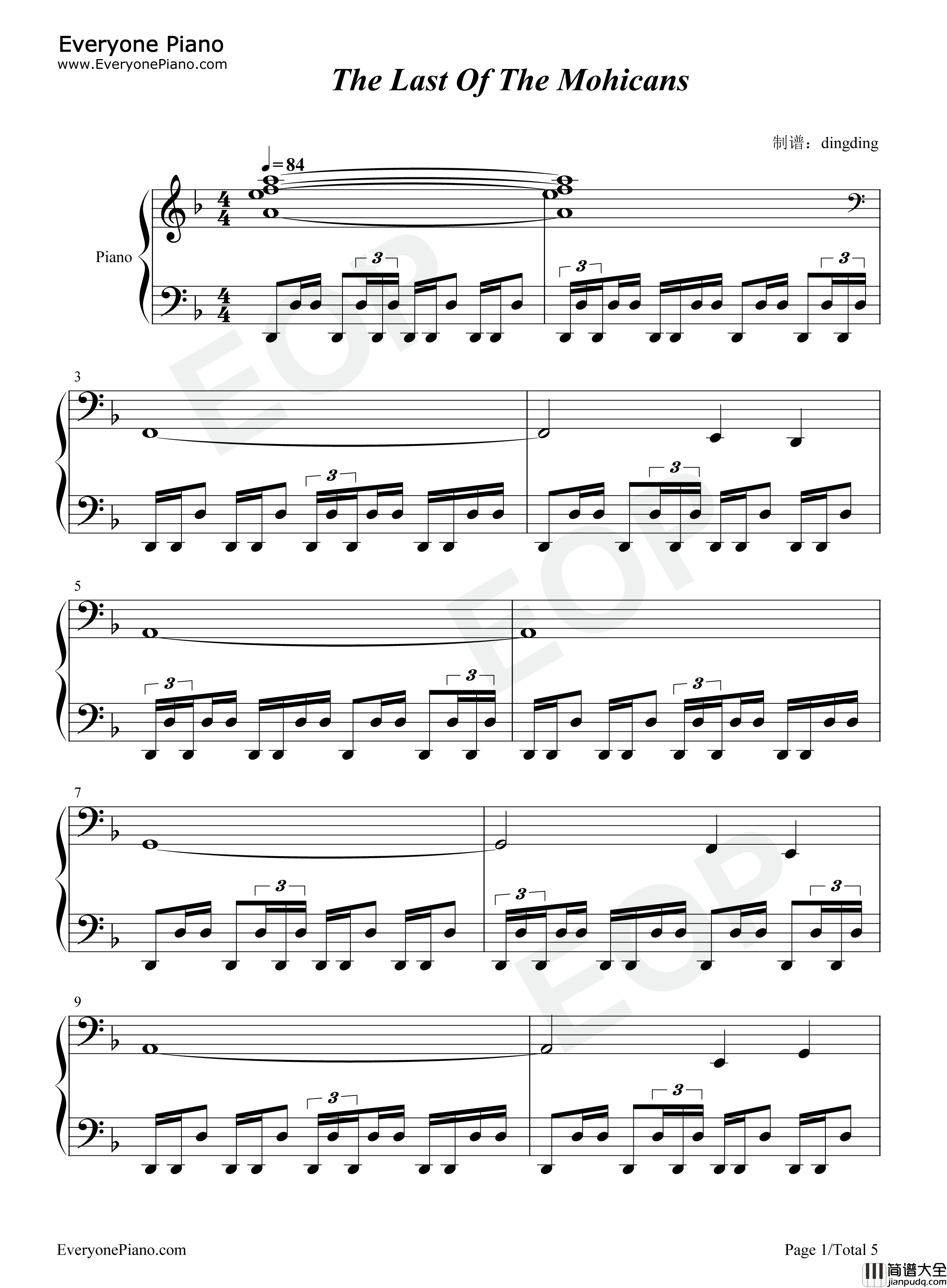 最后的莫西干人钢琴谱_Randy_Edelman