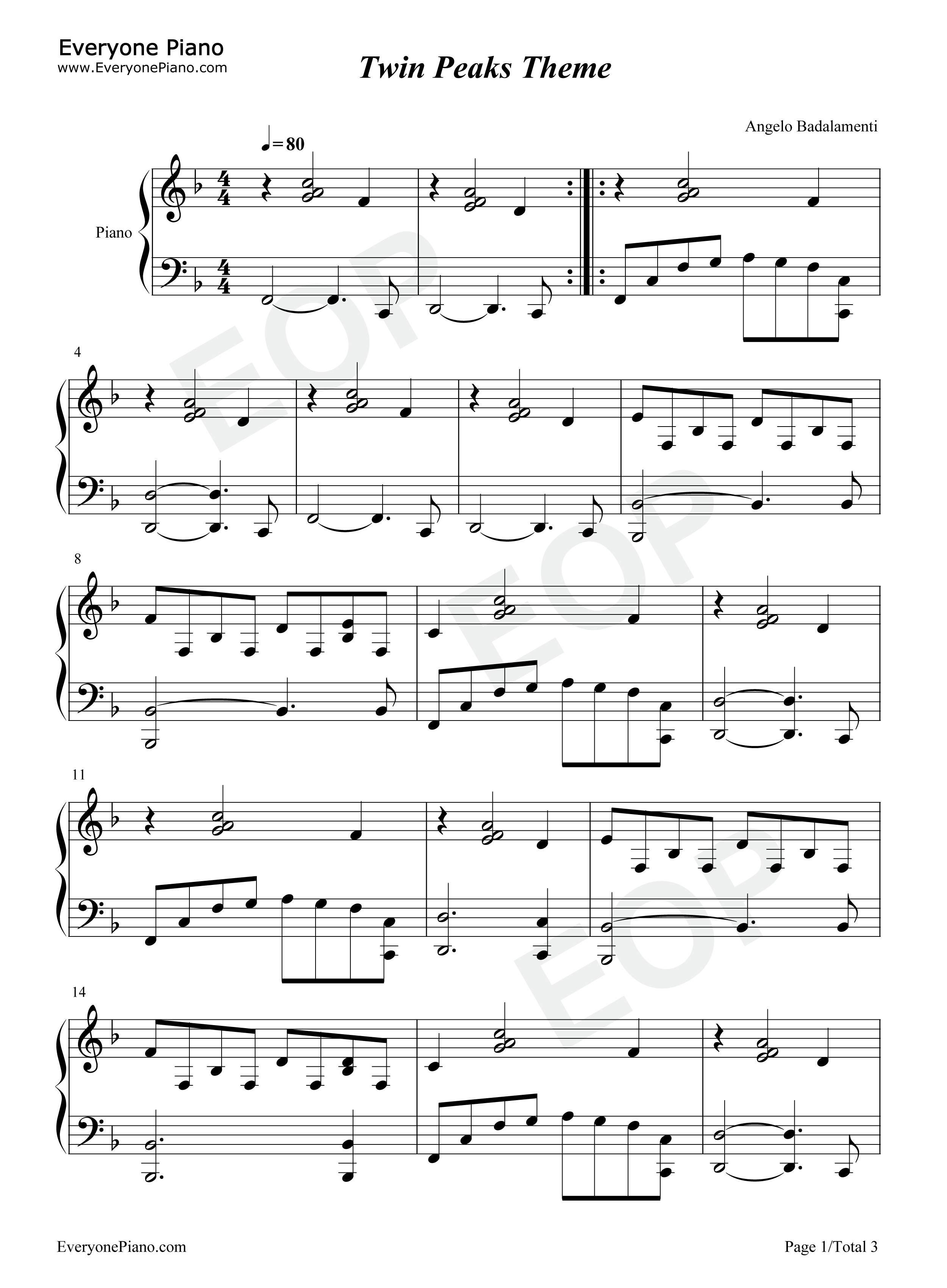 双峰镇主题曲钢琴谱_Angelo_Badalamenti