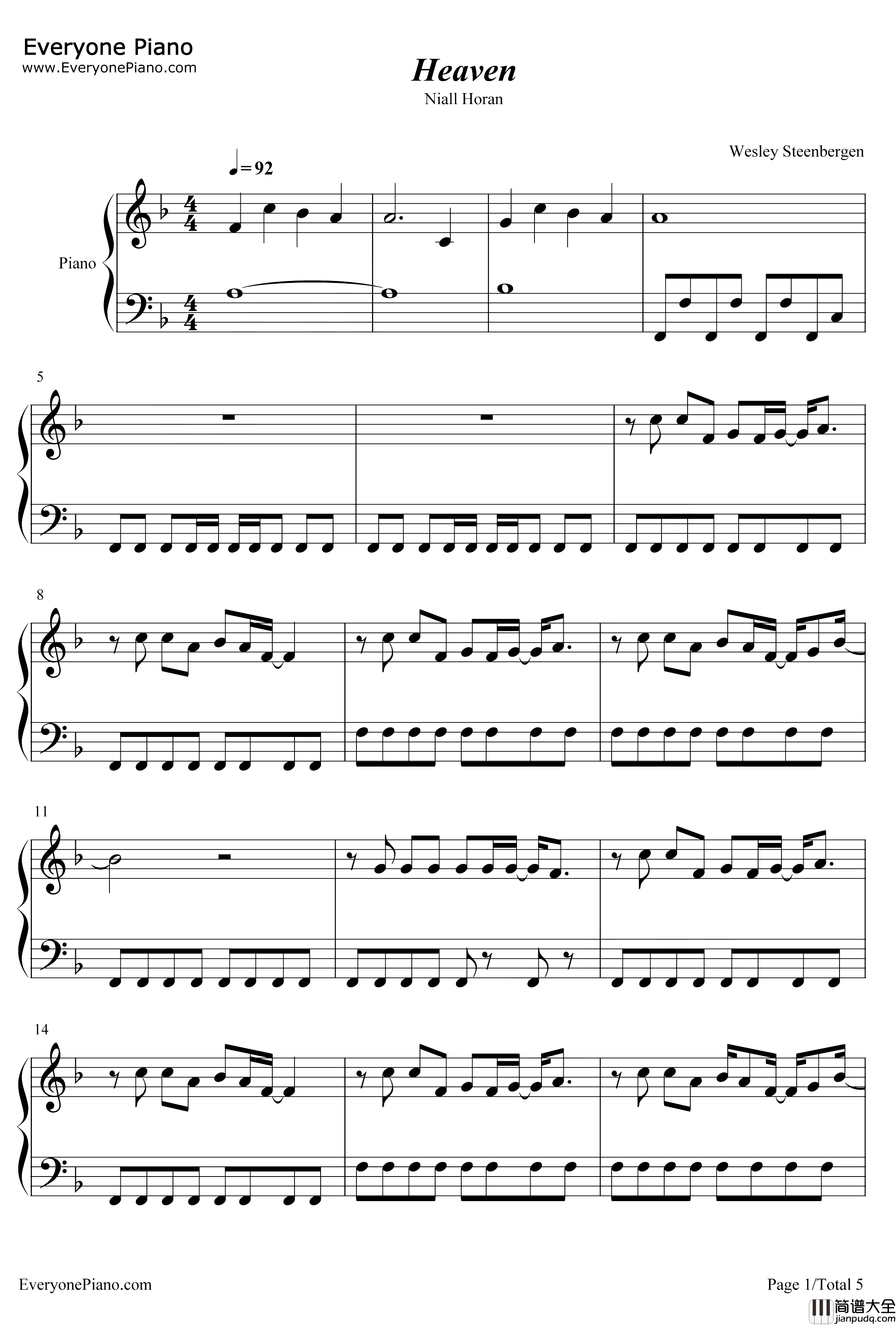 Heaven_Niall_Horan钢琴谱
