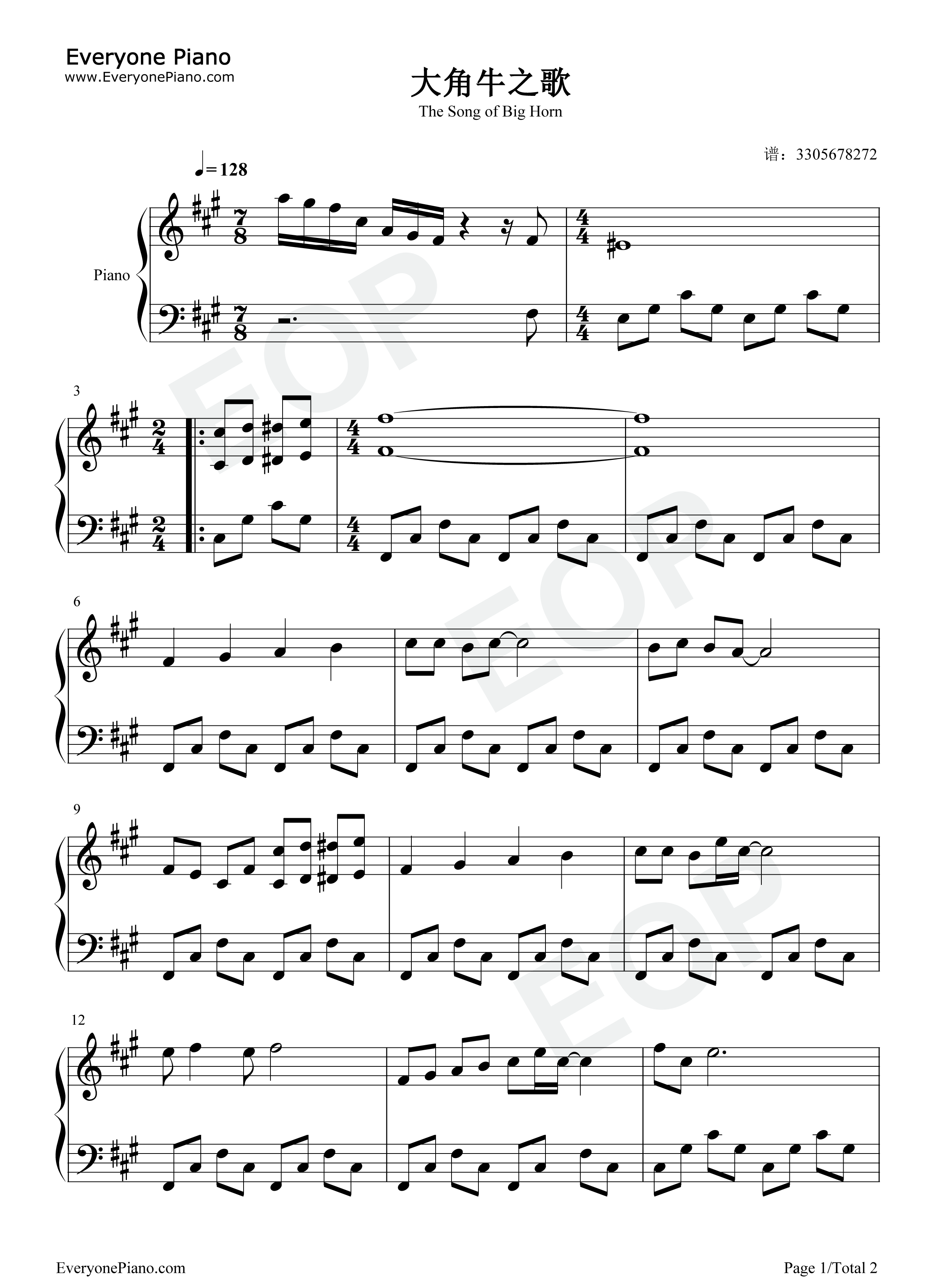 大角牛之歌钢琴谱_韩磊