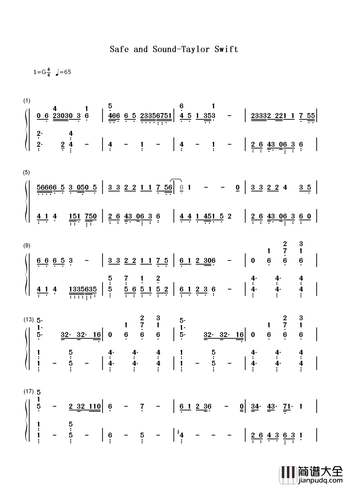 Safe_and_Sound简谱__Taylor_Swift__饥饿游戏的宣传曲，黎明就要来到，你我会安然无恙
