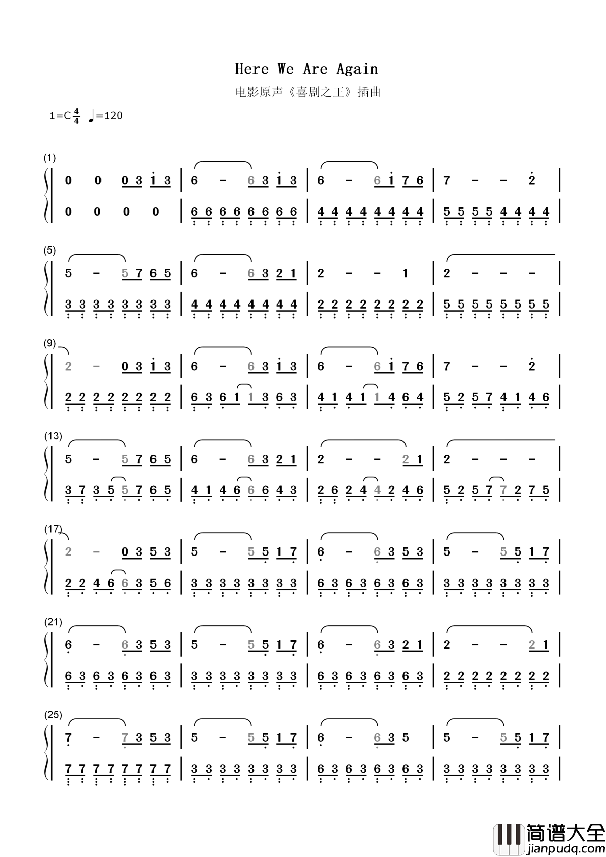 Here_We_Are_Again简谱_喜剧之王插曲，从此山水再相逢