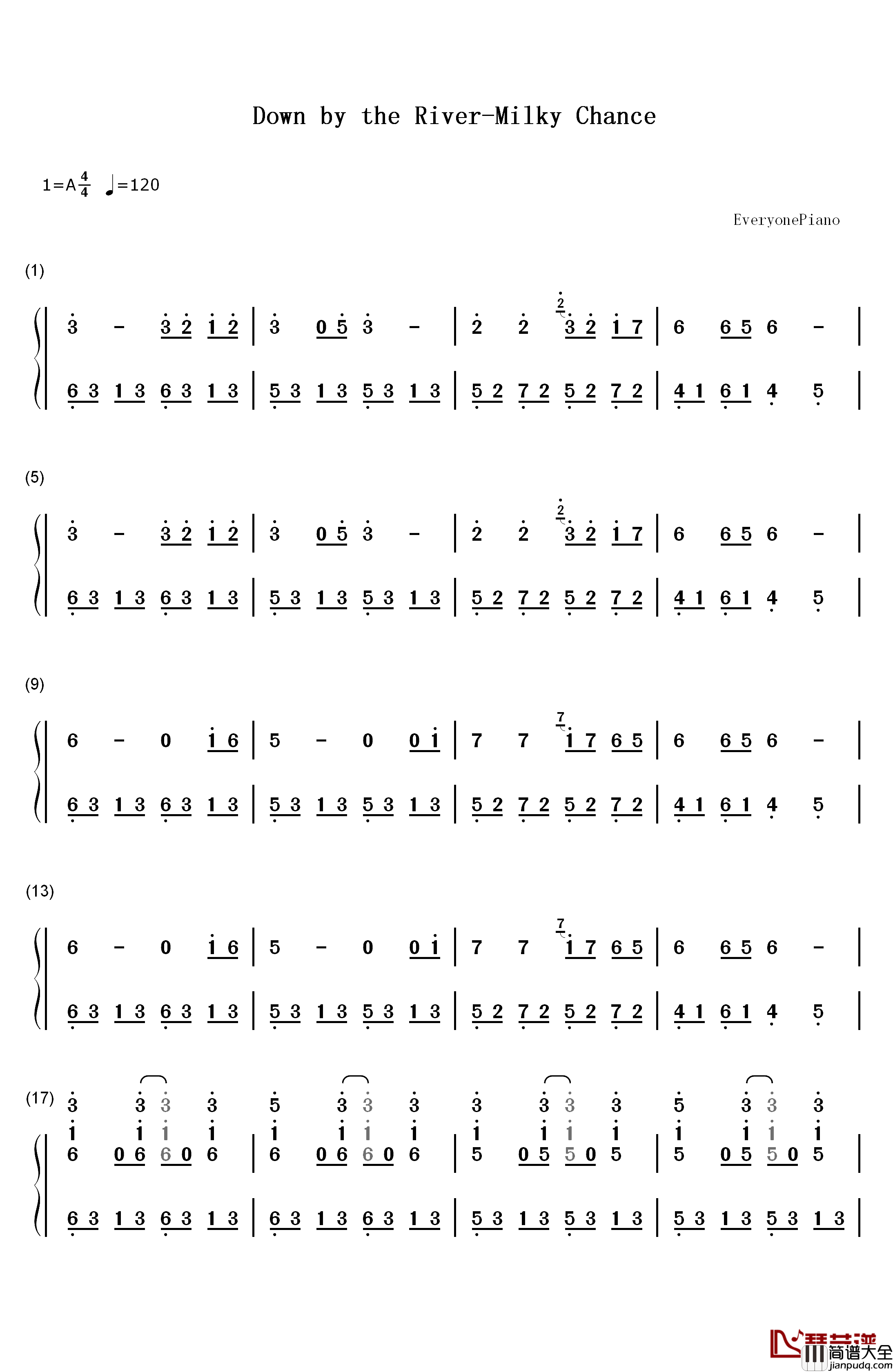 Down_by_the_River钢琴简谱_数字双手_Milky_Chance
