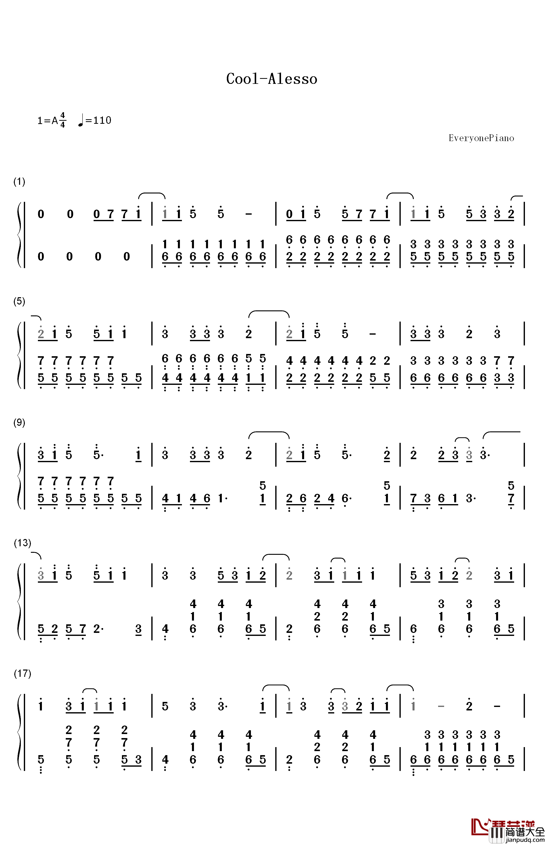 Cool钢琴简谱_数字双手_Alesso