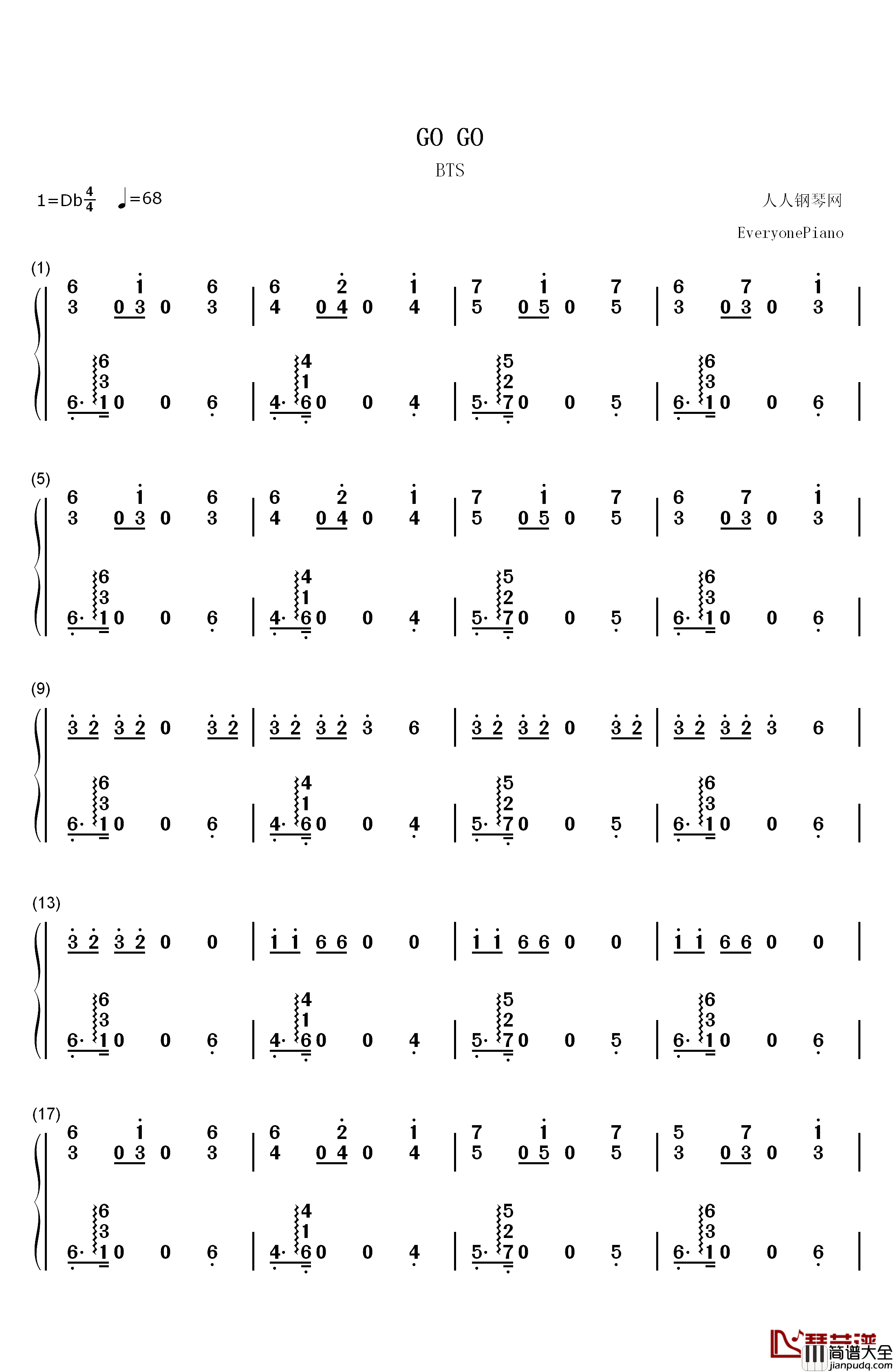 Go_Go钢琴简谱_数字双手_防弹少年团
