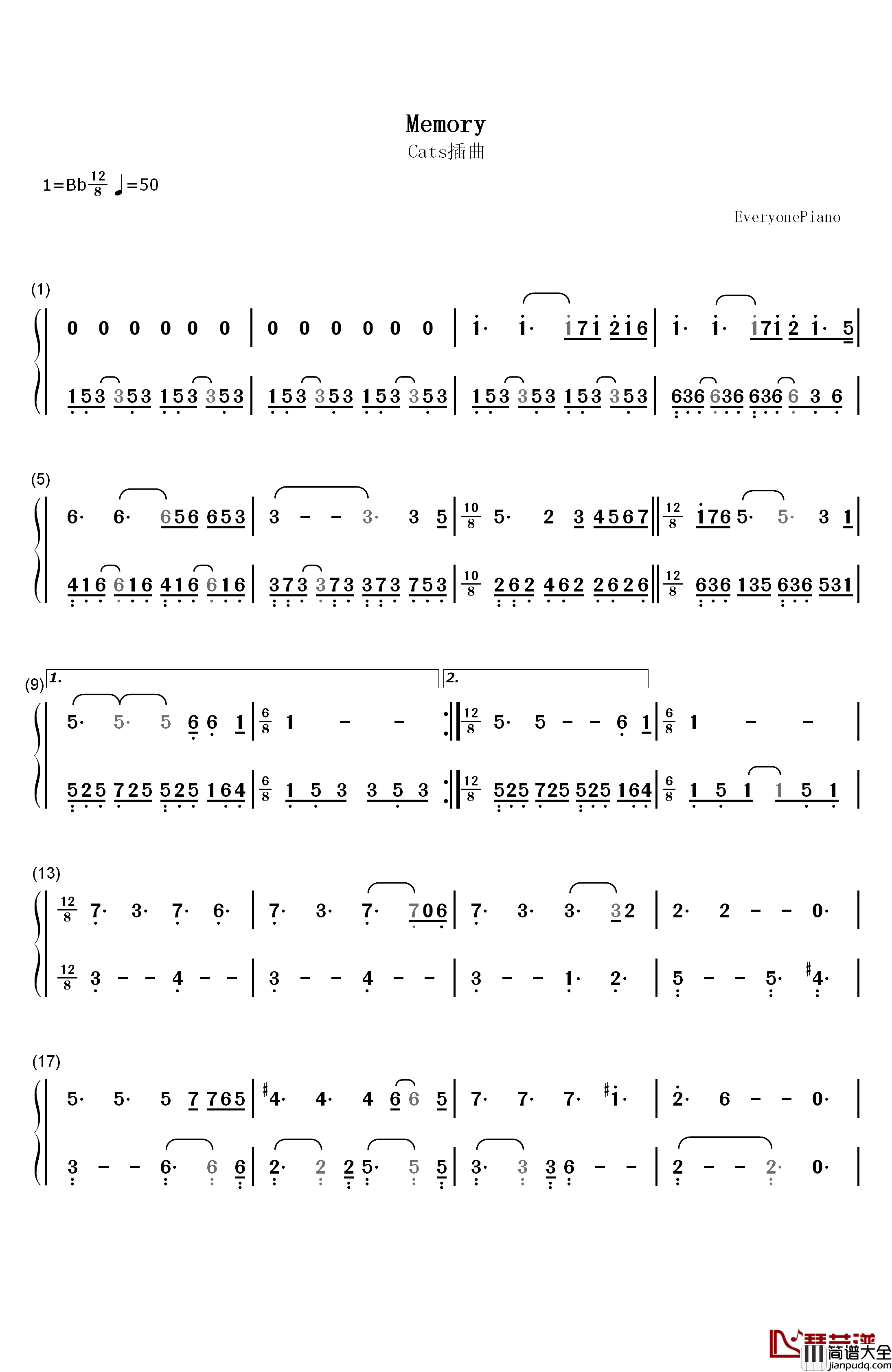 Memory钢琴简谱_数字双手_Grizabella