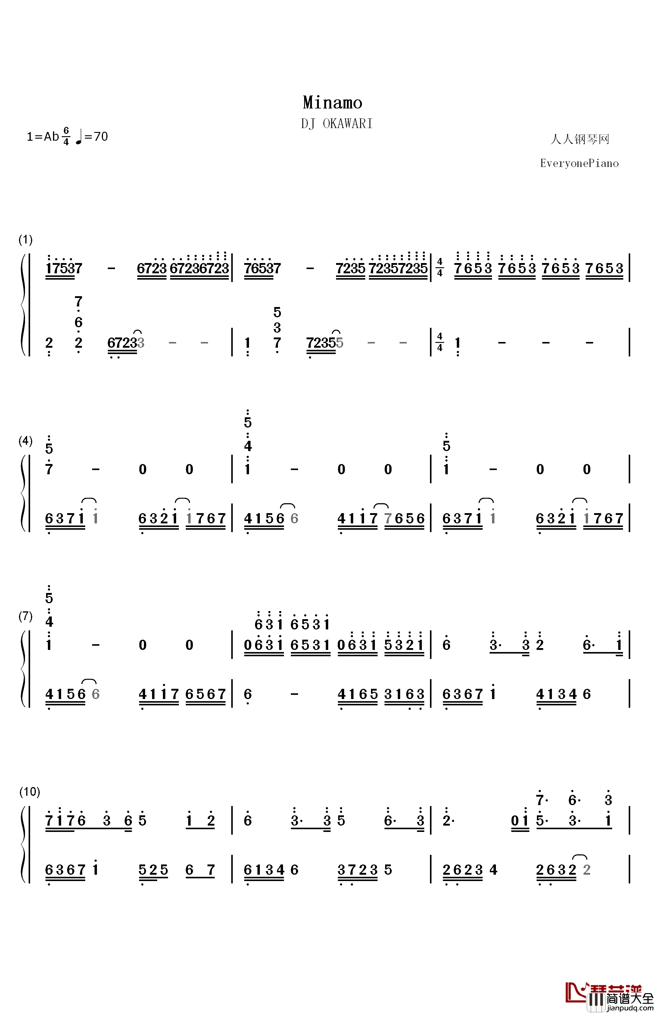 Minamo钢琴简谱_数字双手_DJ_Okawari