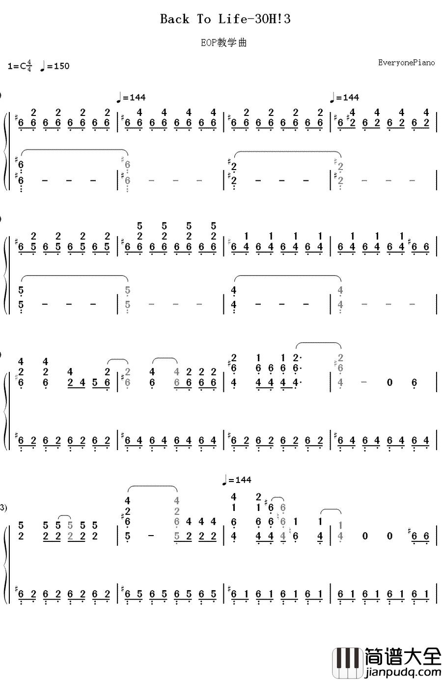 Back_To_Life钢琴简谱_数字双手_3OH!3