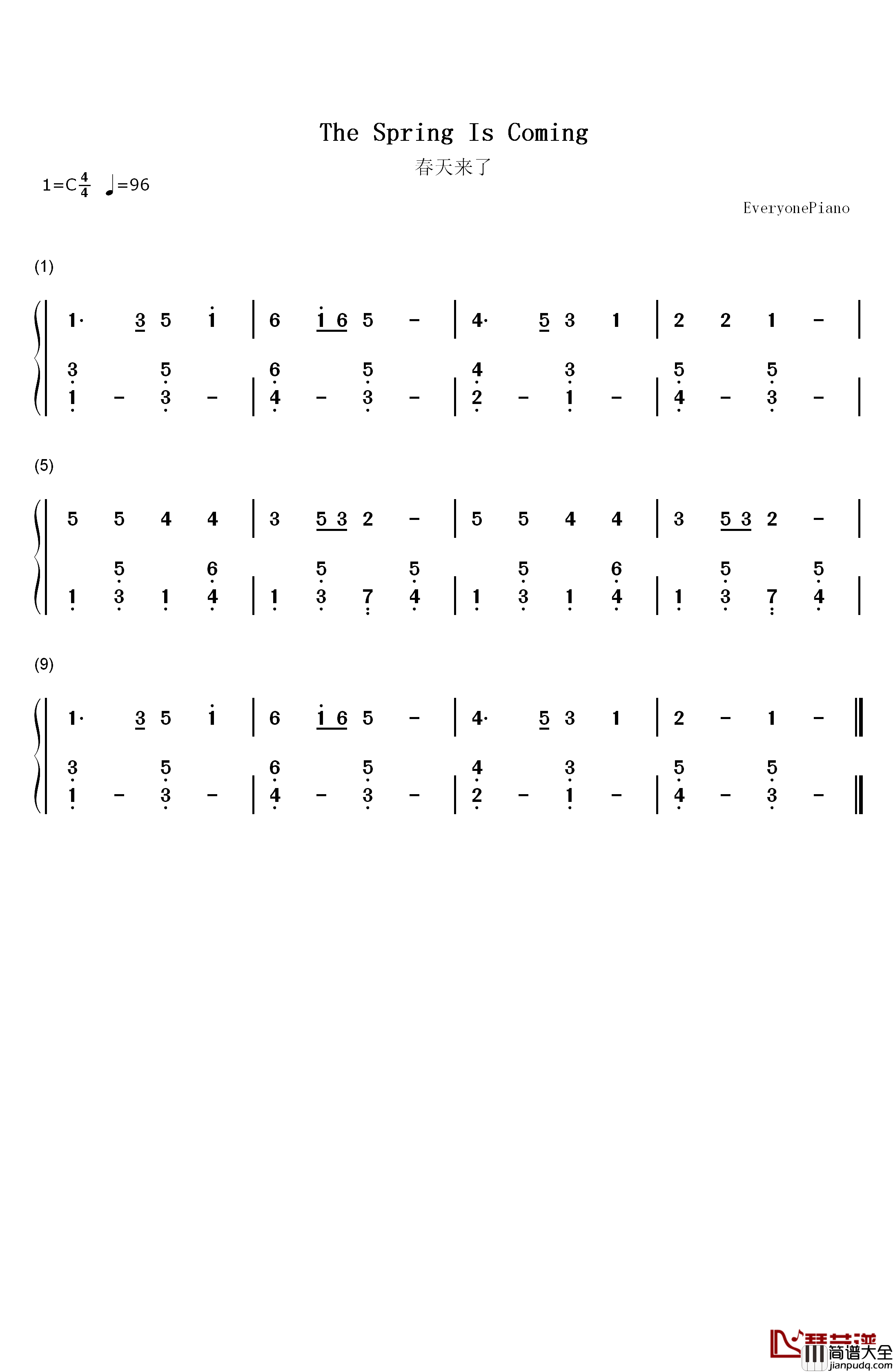 春天来了钢琴简谱_数字双手_未知