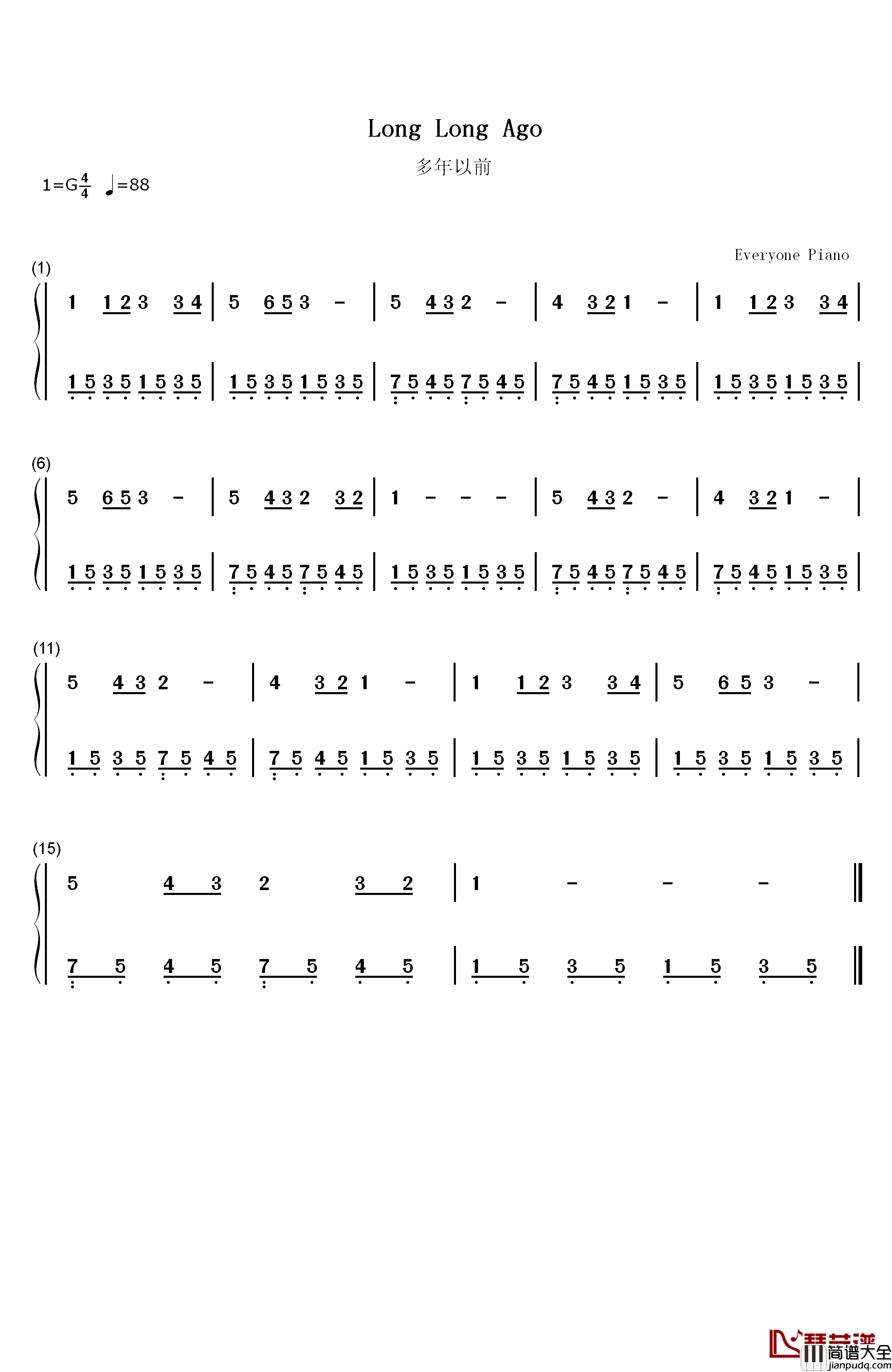 多年以前钢琴简谱_数字双手_托马斯•黑恩•贝理