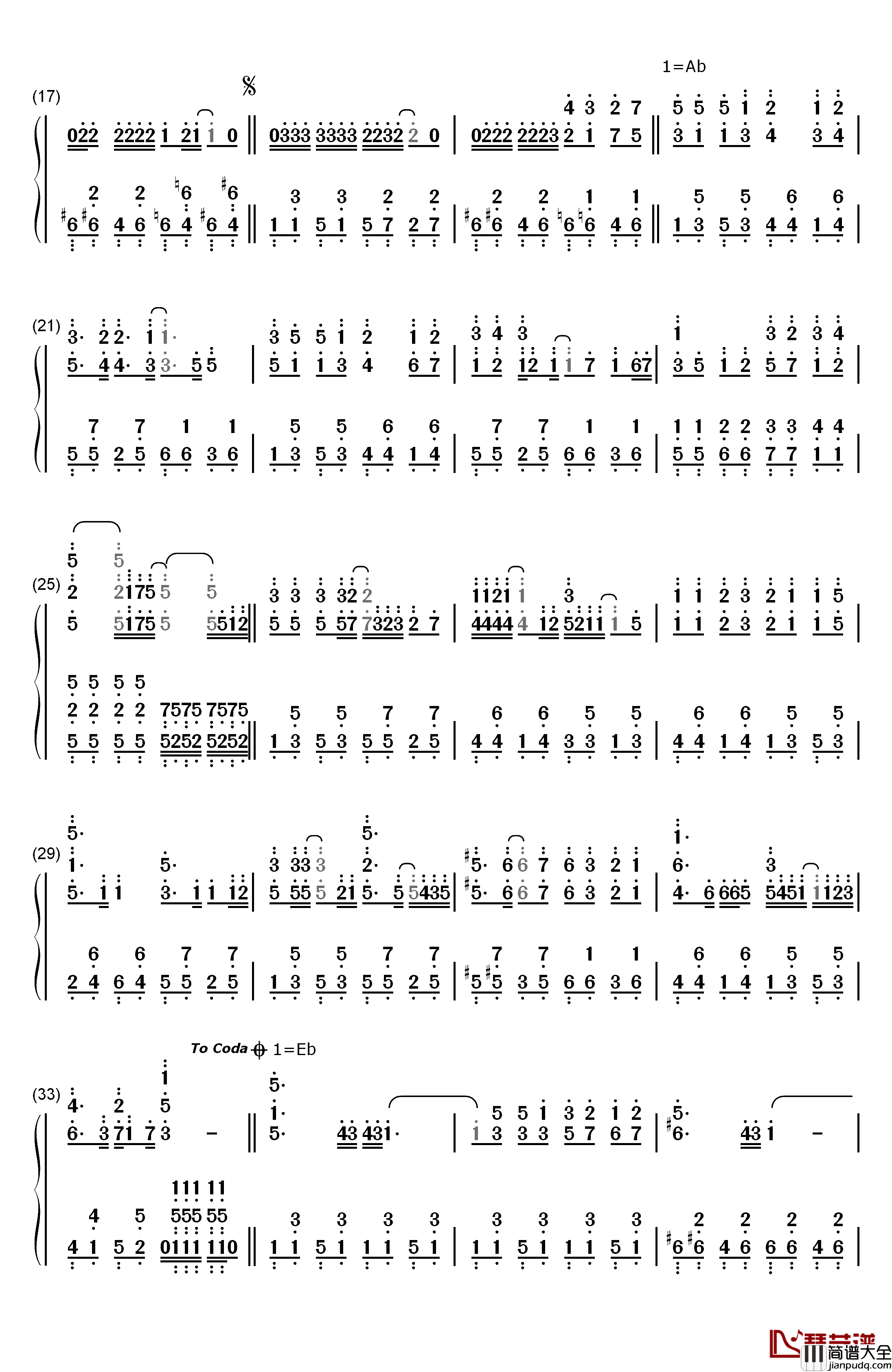電脳スキル钢琴简谱_数字双手_初音未来