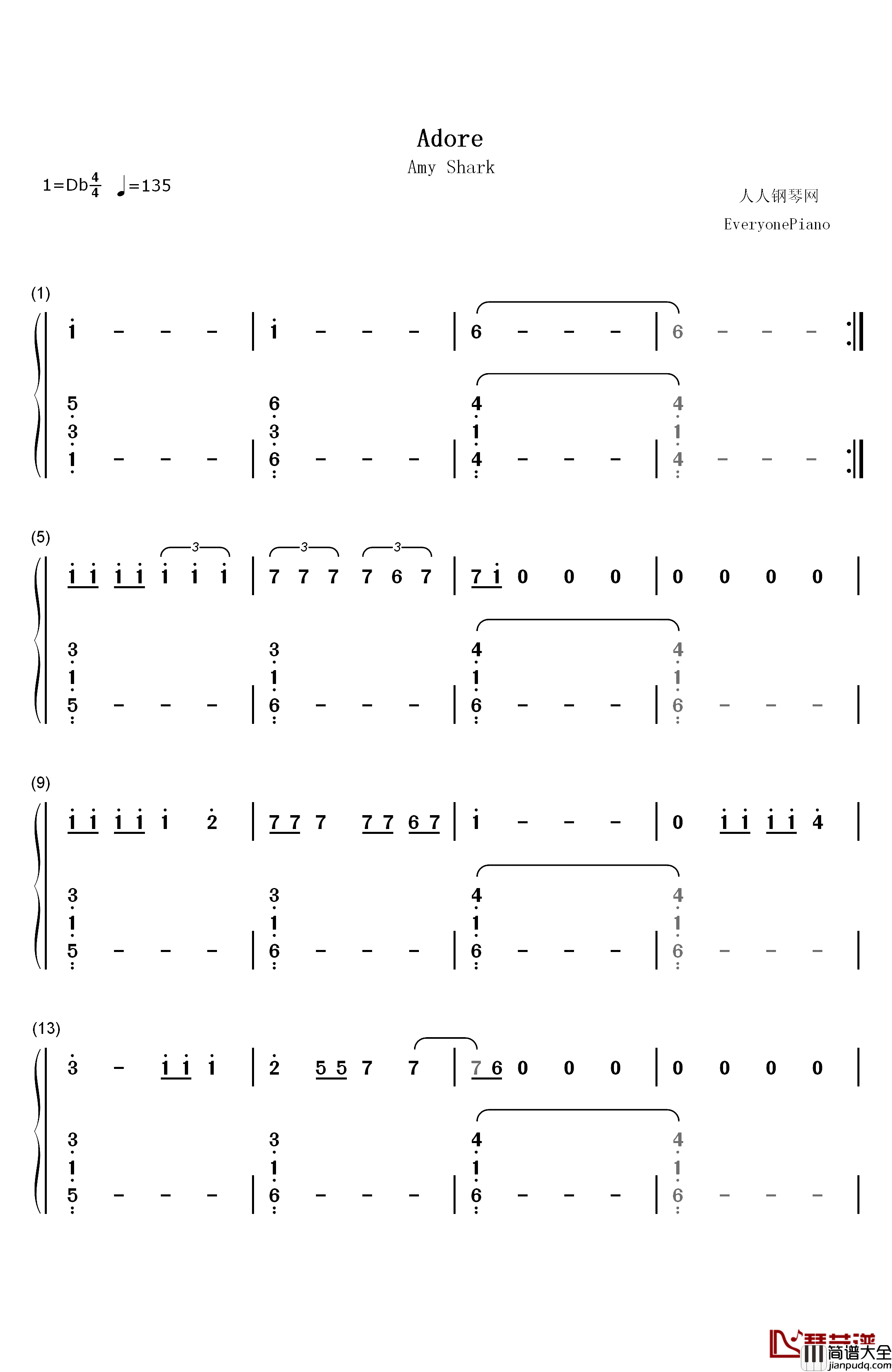 Adore钢琴简谱_数字双手_Amy_Shark