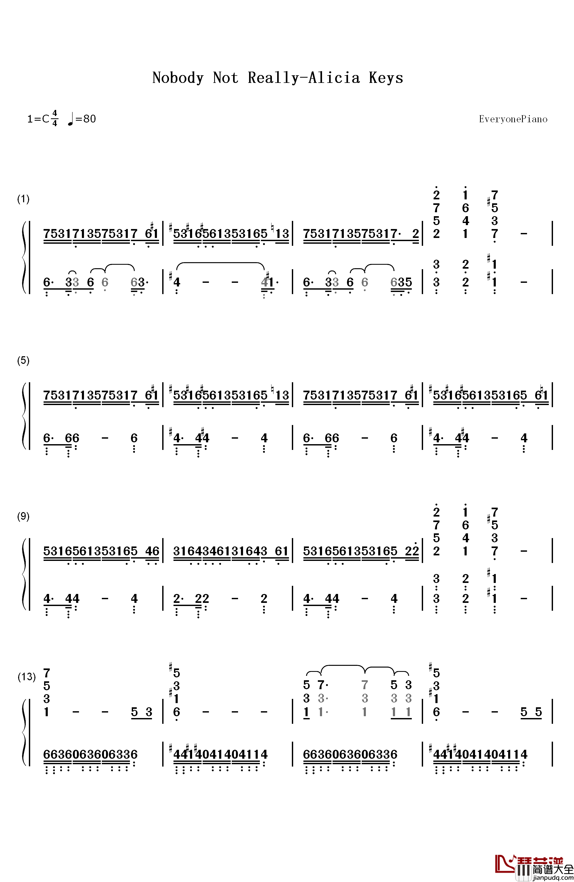 Nobody_Not_Really钢琴简谱_数字双手_Alicia_Keys