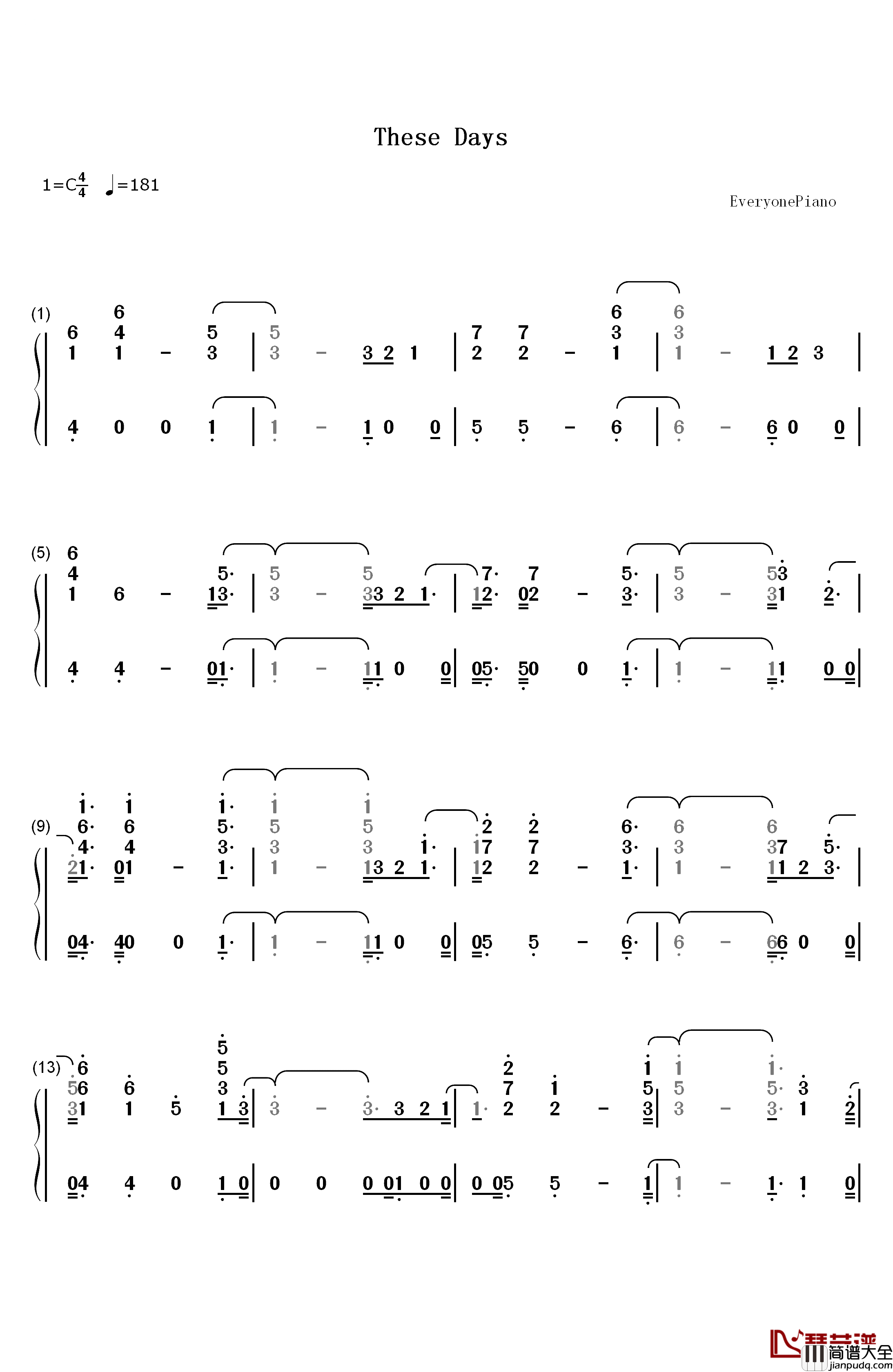 These_Days钢琴简谱_数字双手_Rudimental
