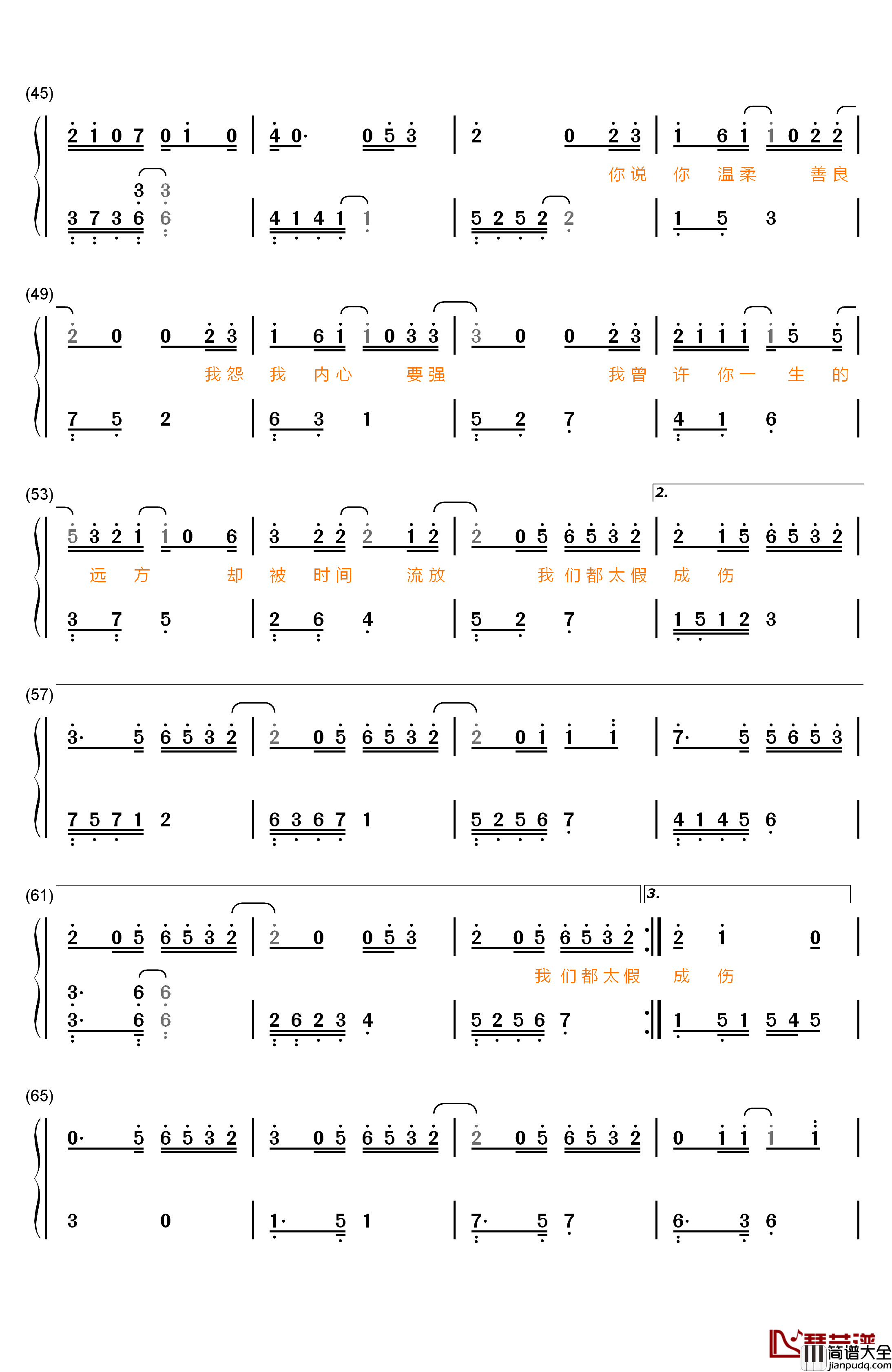 回忆那么伤钢琴简谱_数字双手_孙子涵