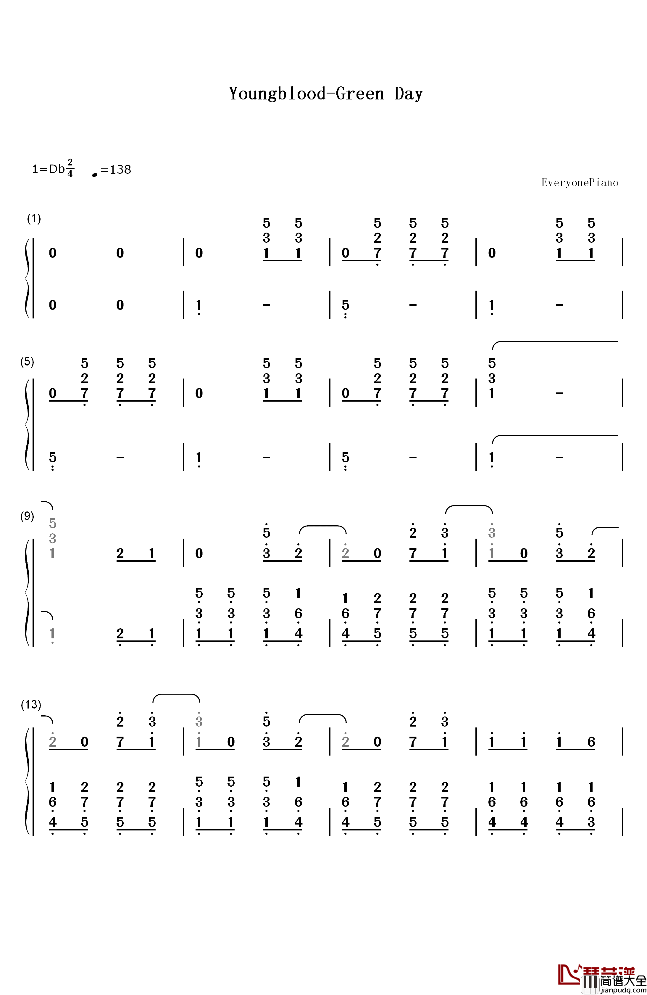 Youngblood钢琴简谱_数字双手_Green_Day