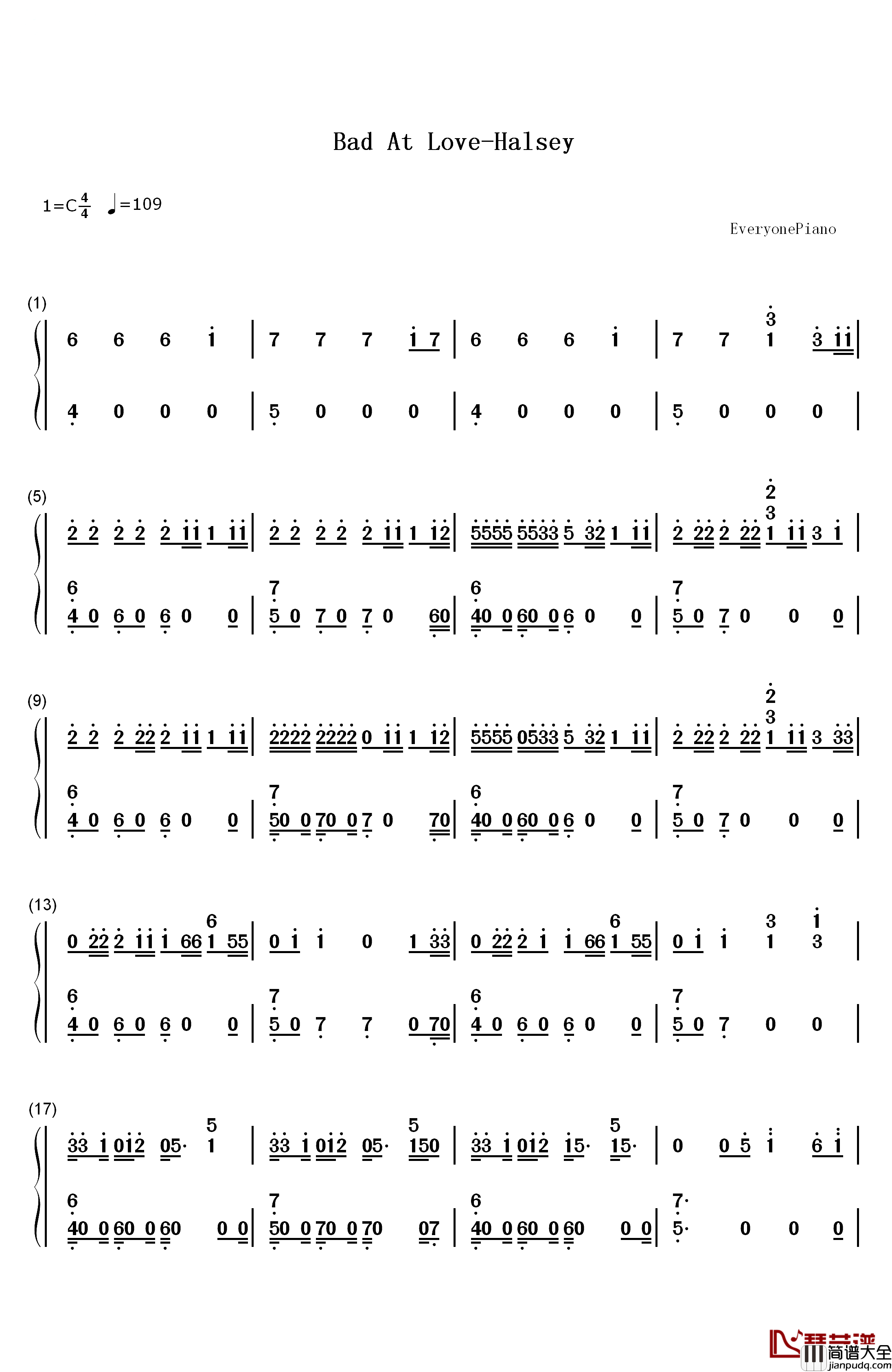 Bad_At_Love钢琴简谱_数字双手_Halsey