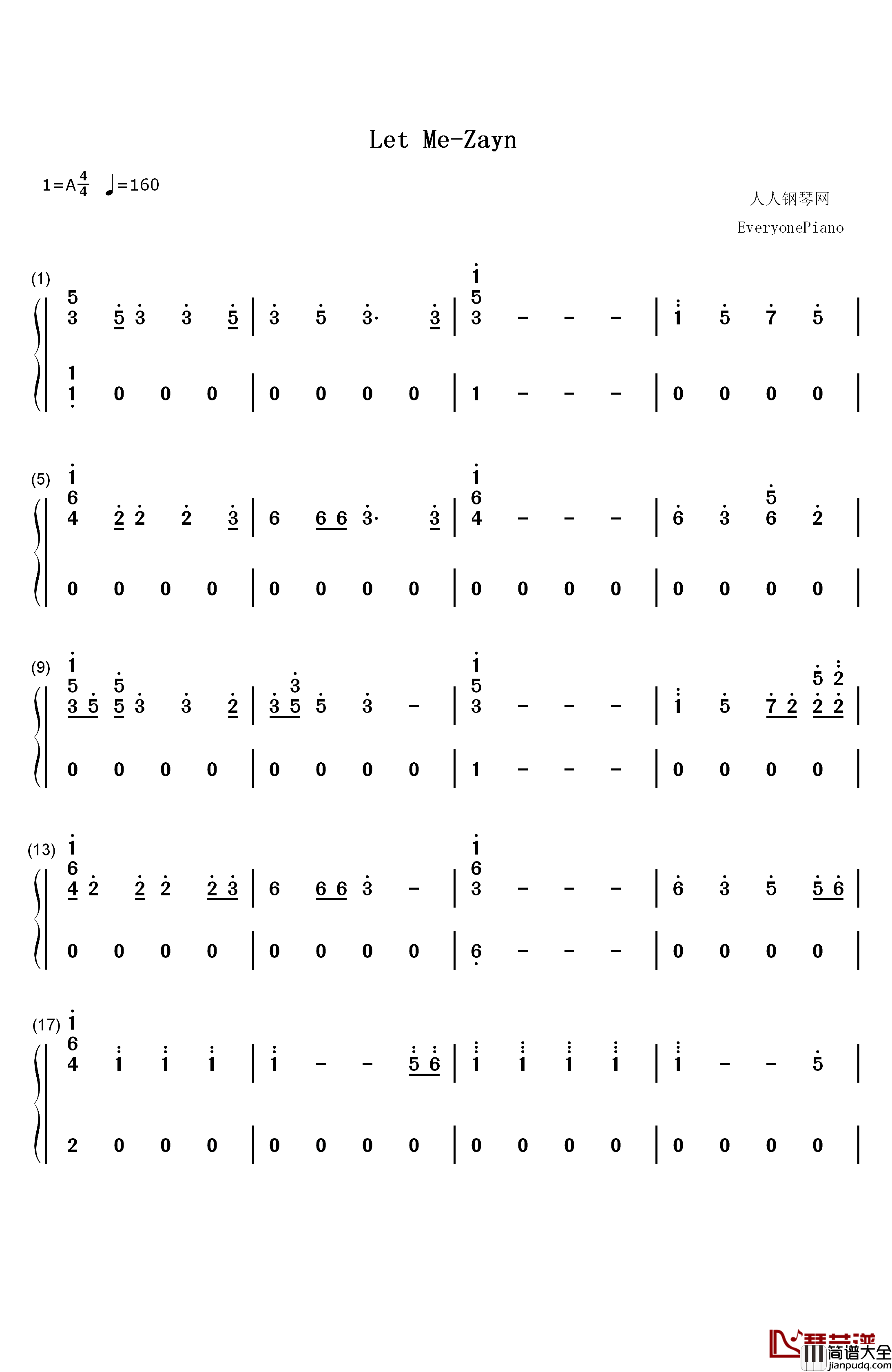 Let_Me钢琴简谱_数字双手_Zayn