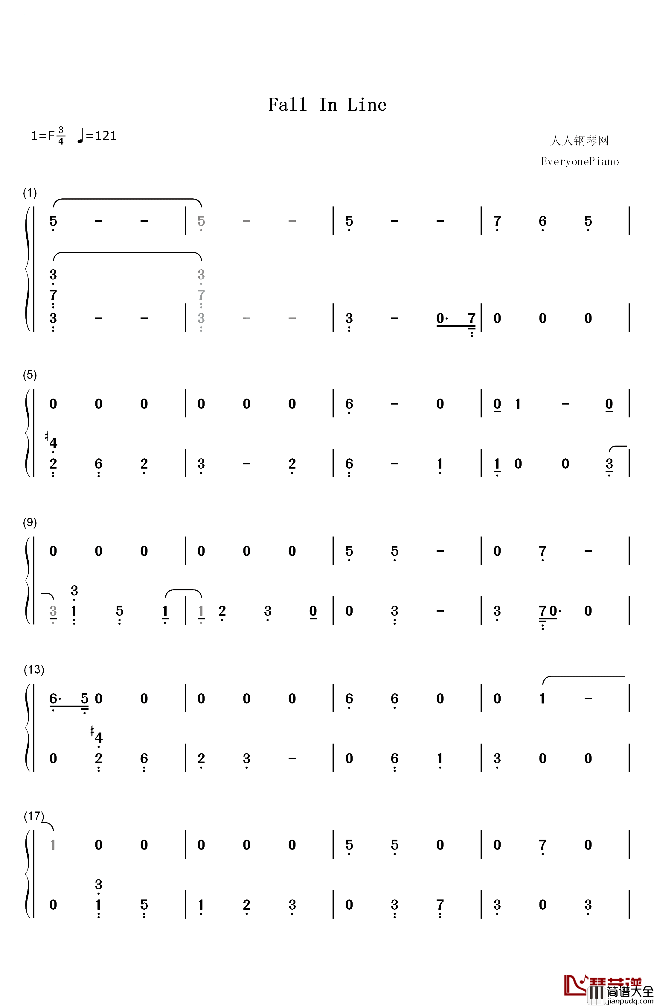 Fall_In_Line钢琴简谱_数字双手_Christina_Aguilera_Demi_Lovato