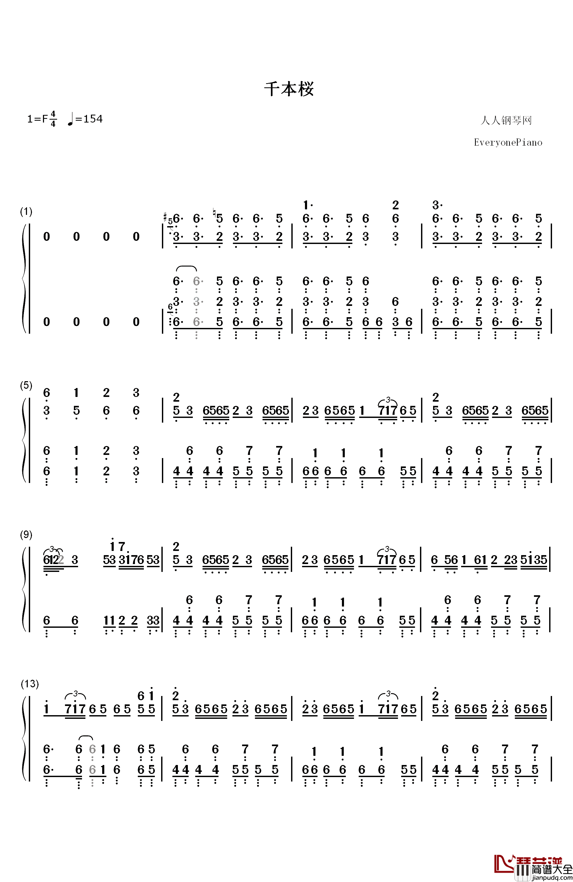 千本樱钢琴简谱_数字双手_初音未来