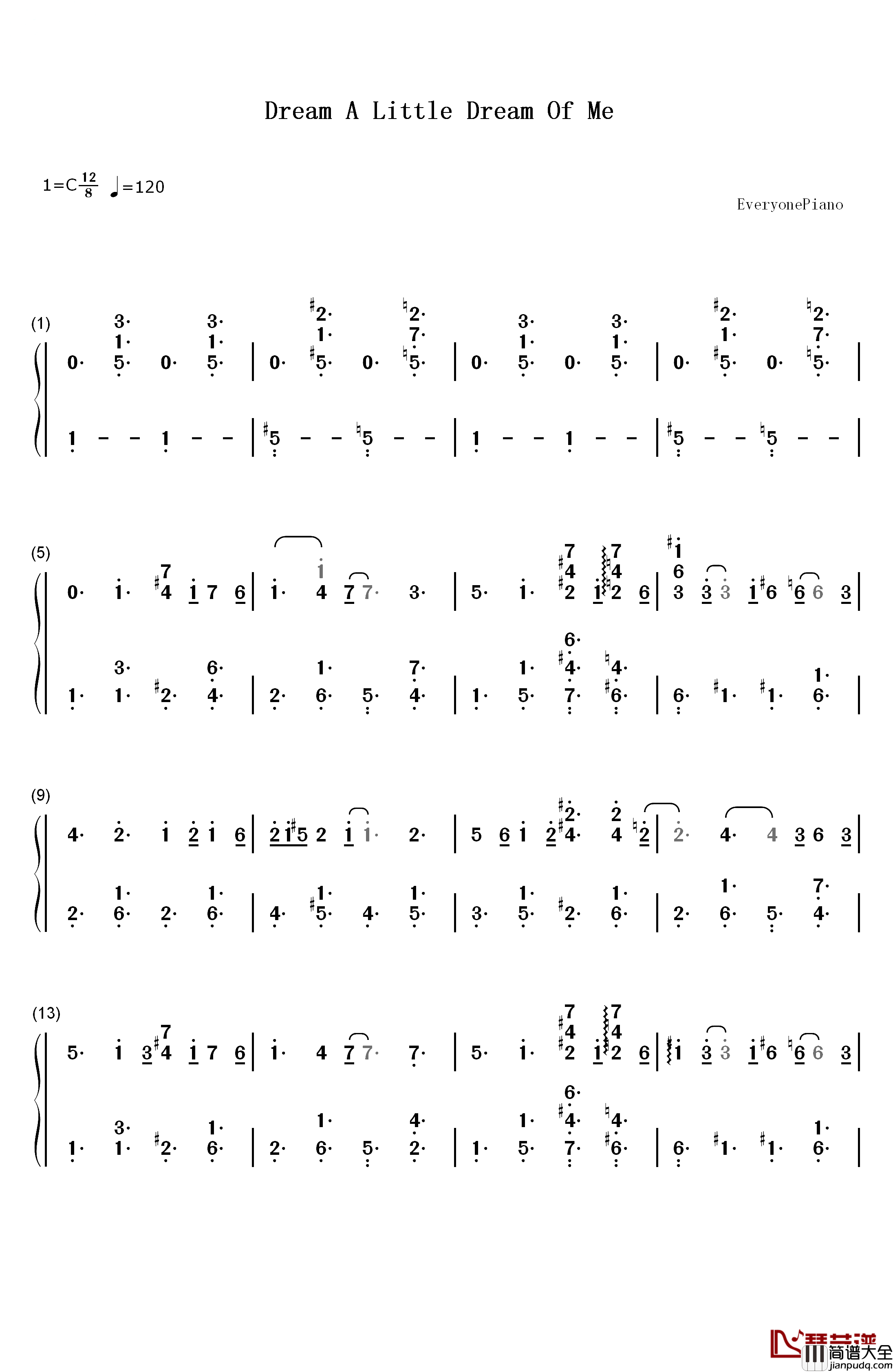 Dream_A_Little_Dream_Of_Me钢琴简谱_数字双手_Yiruma　李闰珉