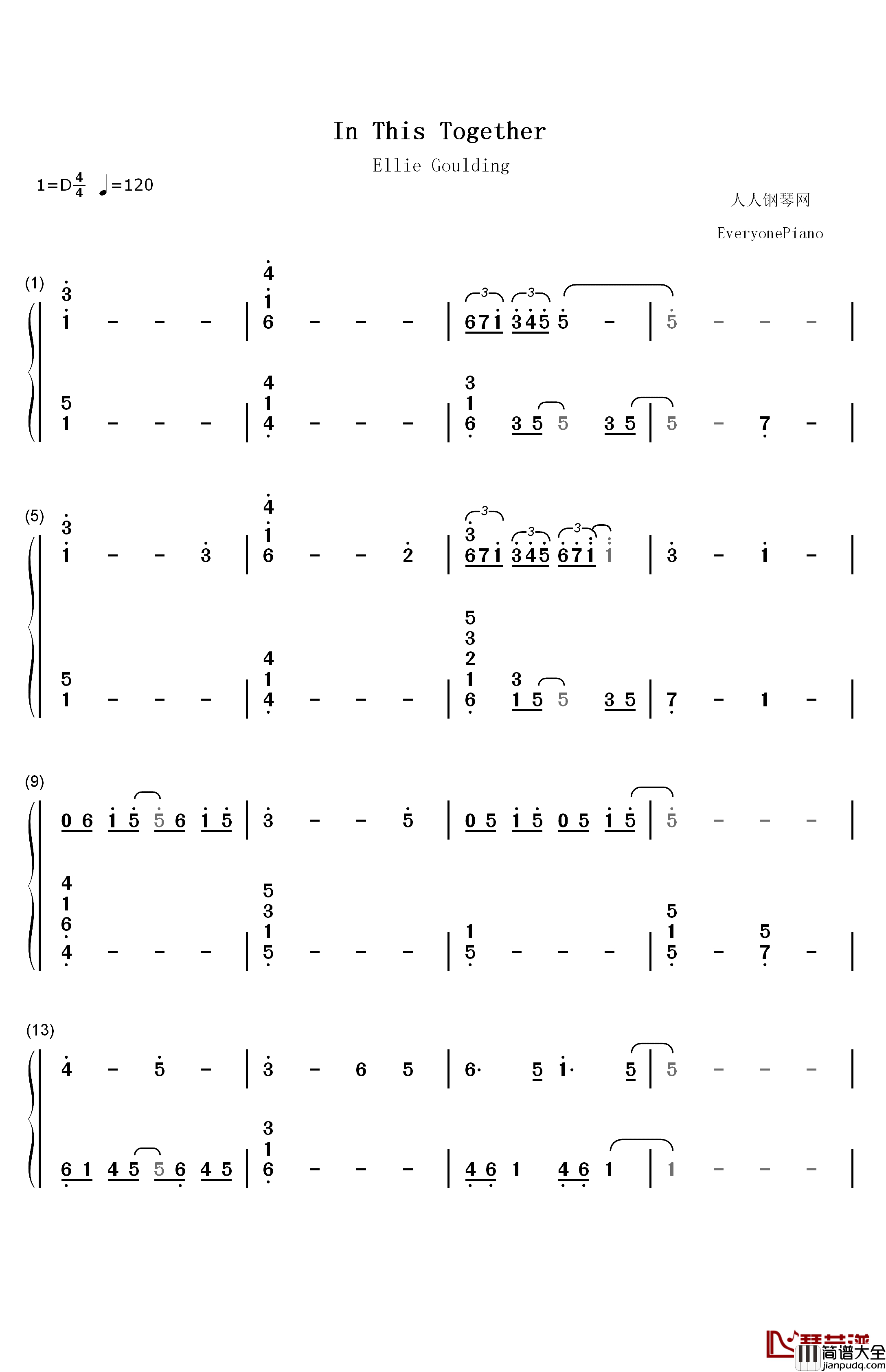 In_This_Together钢琴简谱_数字双手_Steven_Price_Ellie_Goulding
