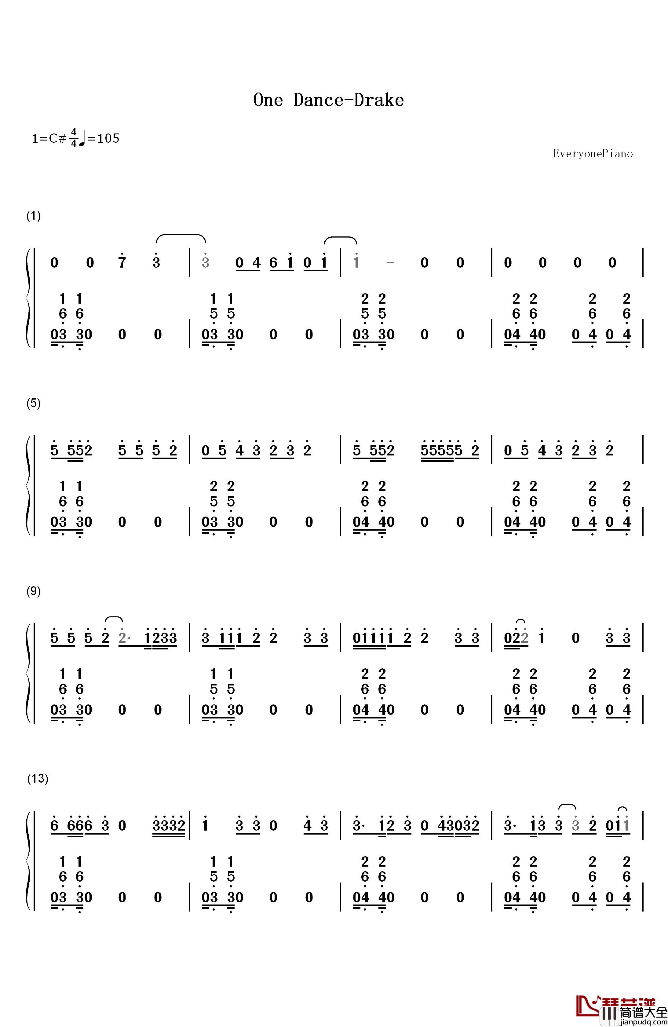One_Dance钢琴简谱_数字双手_Drake