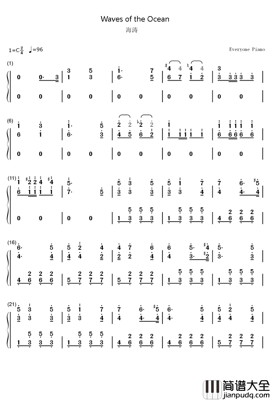 海涛钢琴简谱_数字双手_布兰克