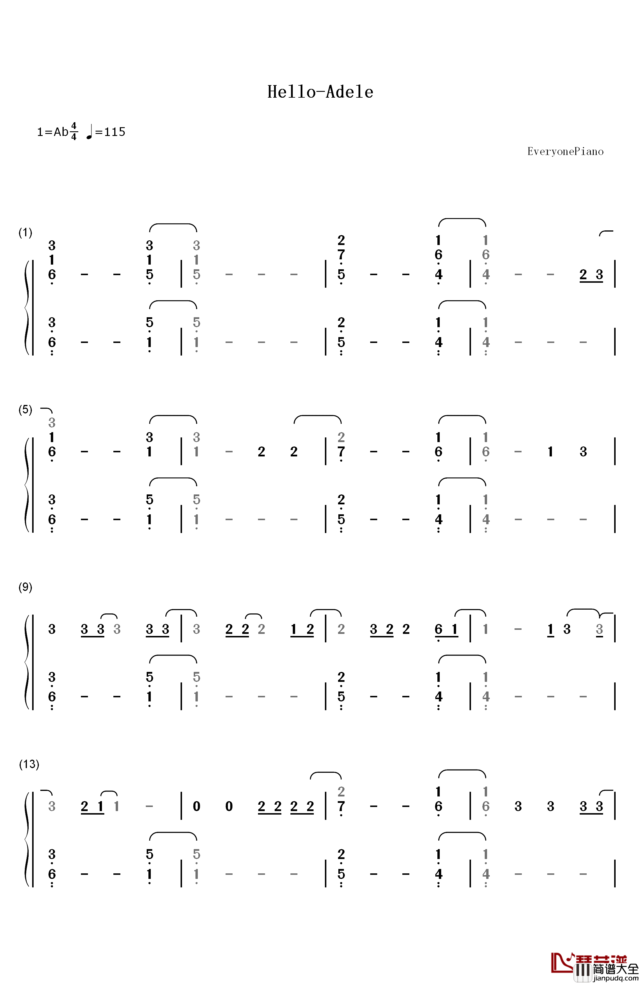 Hello钢琴简谱_数字双手_Adele