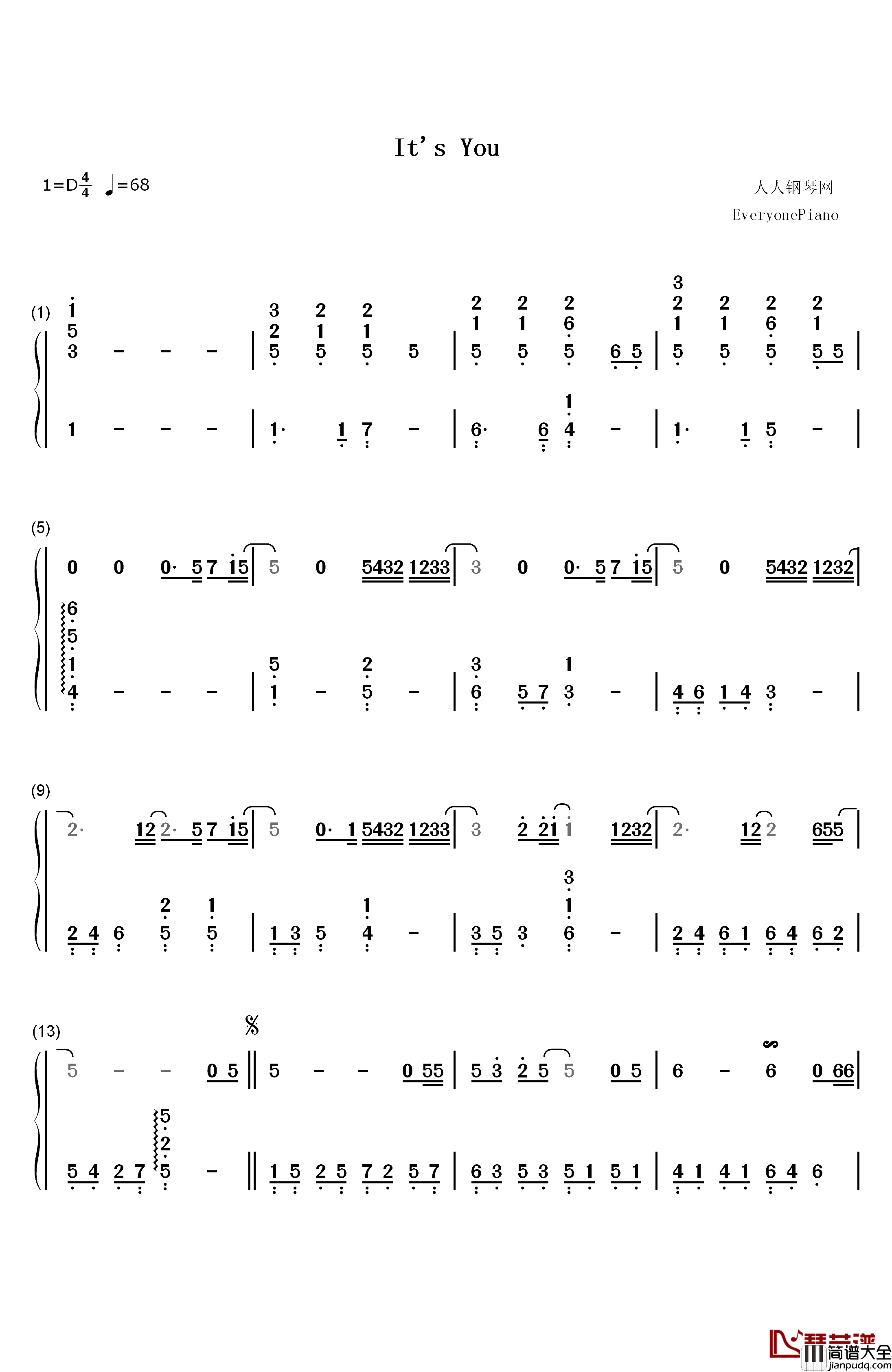 It's_You钢琴简谱_数字双手_郑世云