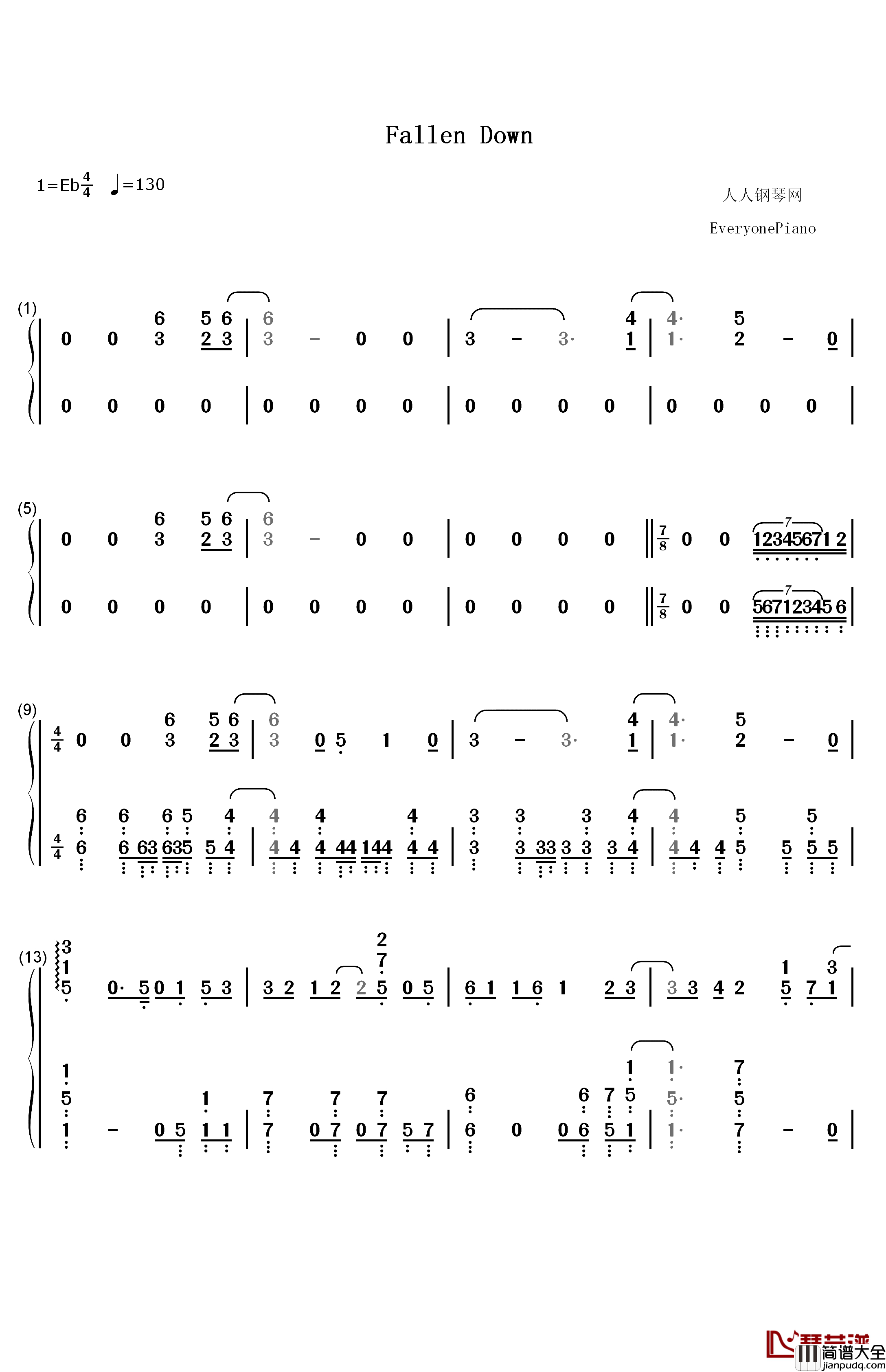 fallen_down钢琴简谱_数字双手_イカロス（早见沙织）