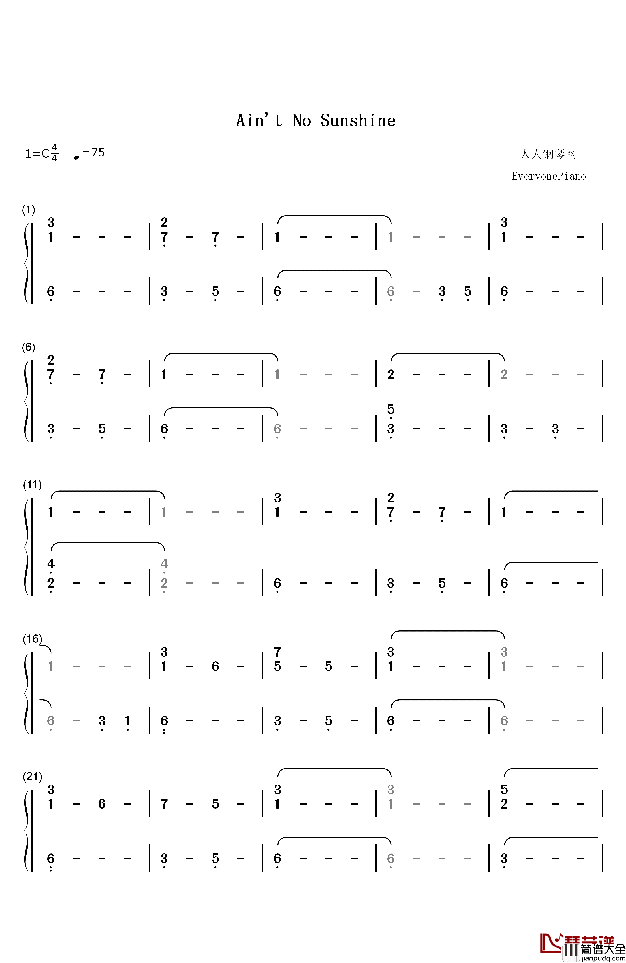 Aint_No_Sunshine钢琴简谱_数字双手_Bill_Withers