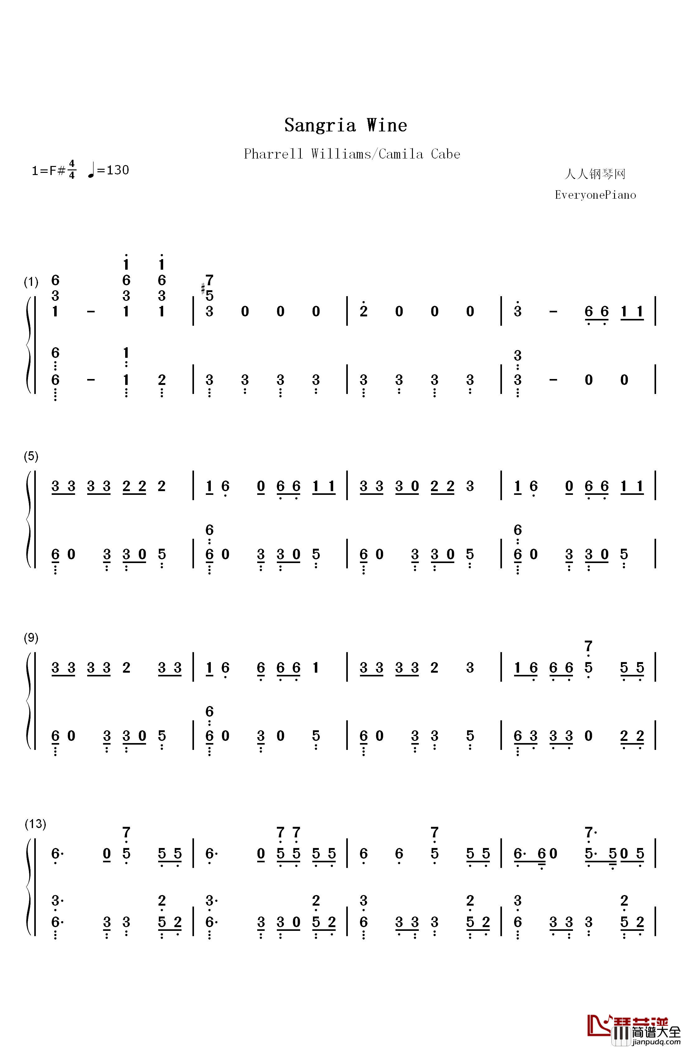 Sangria_Wine钢琴简谱_数字双手_Pharrell_Williams_Camila_Cabello