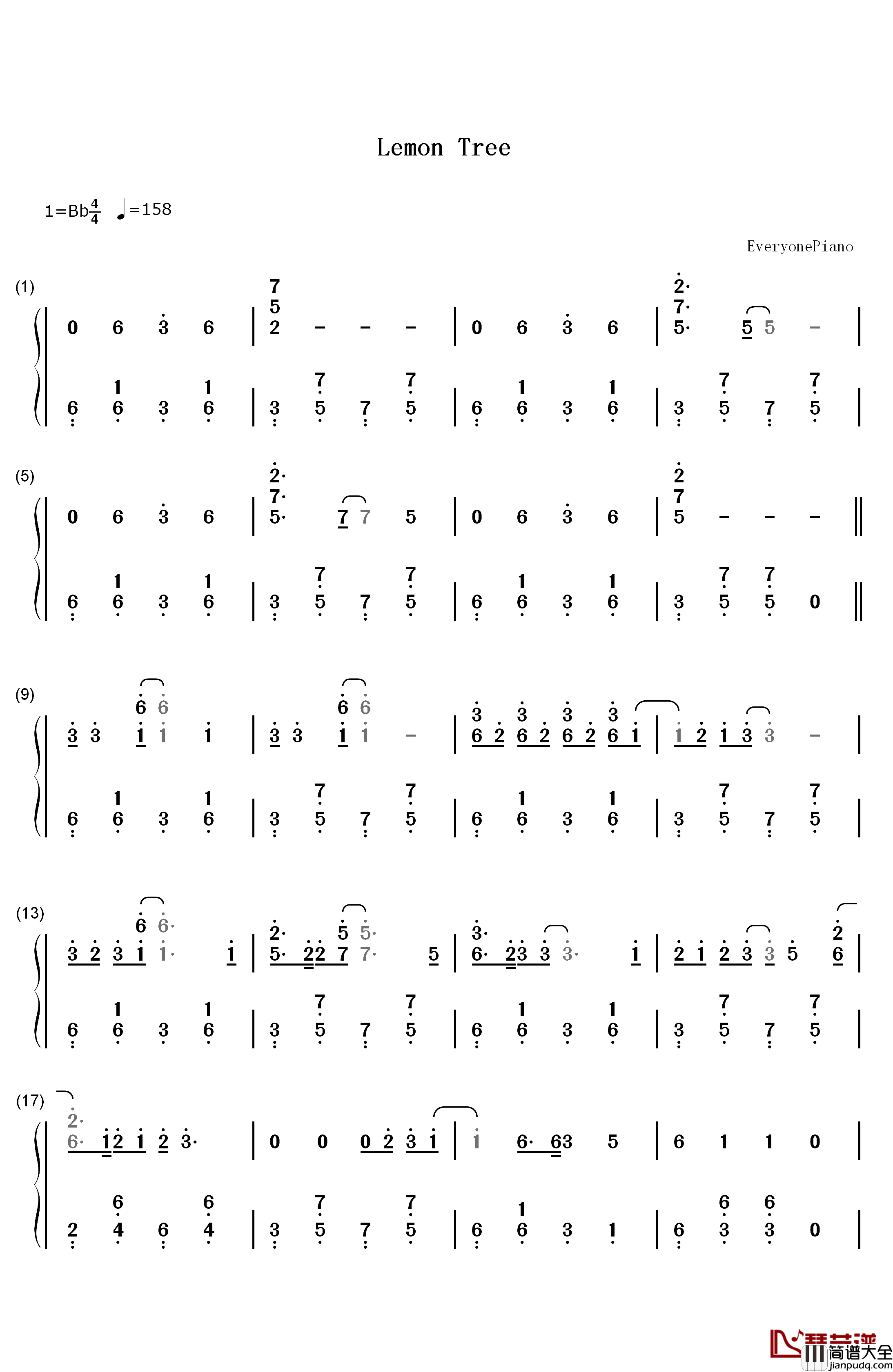 Lemon_Tree钢琴简谱_数字双手_Fool's_Garden