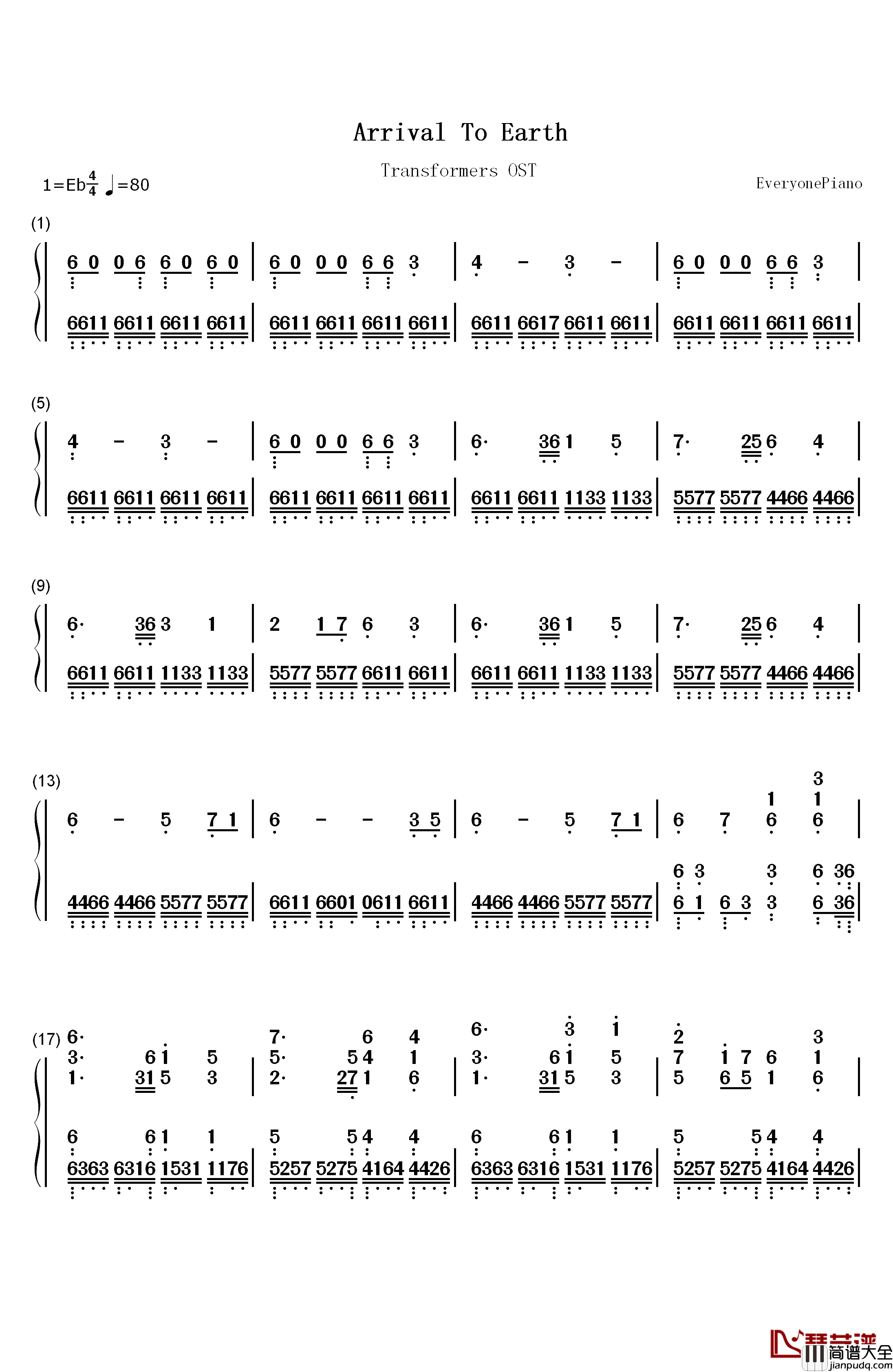 Arrival_To_Earth钢琴简谱_数字双手_Steve_Jablonsky