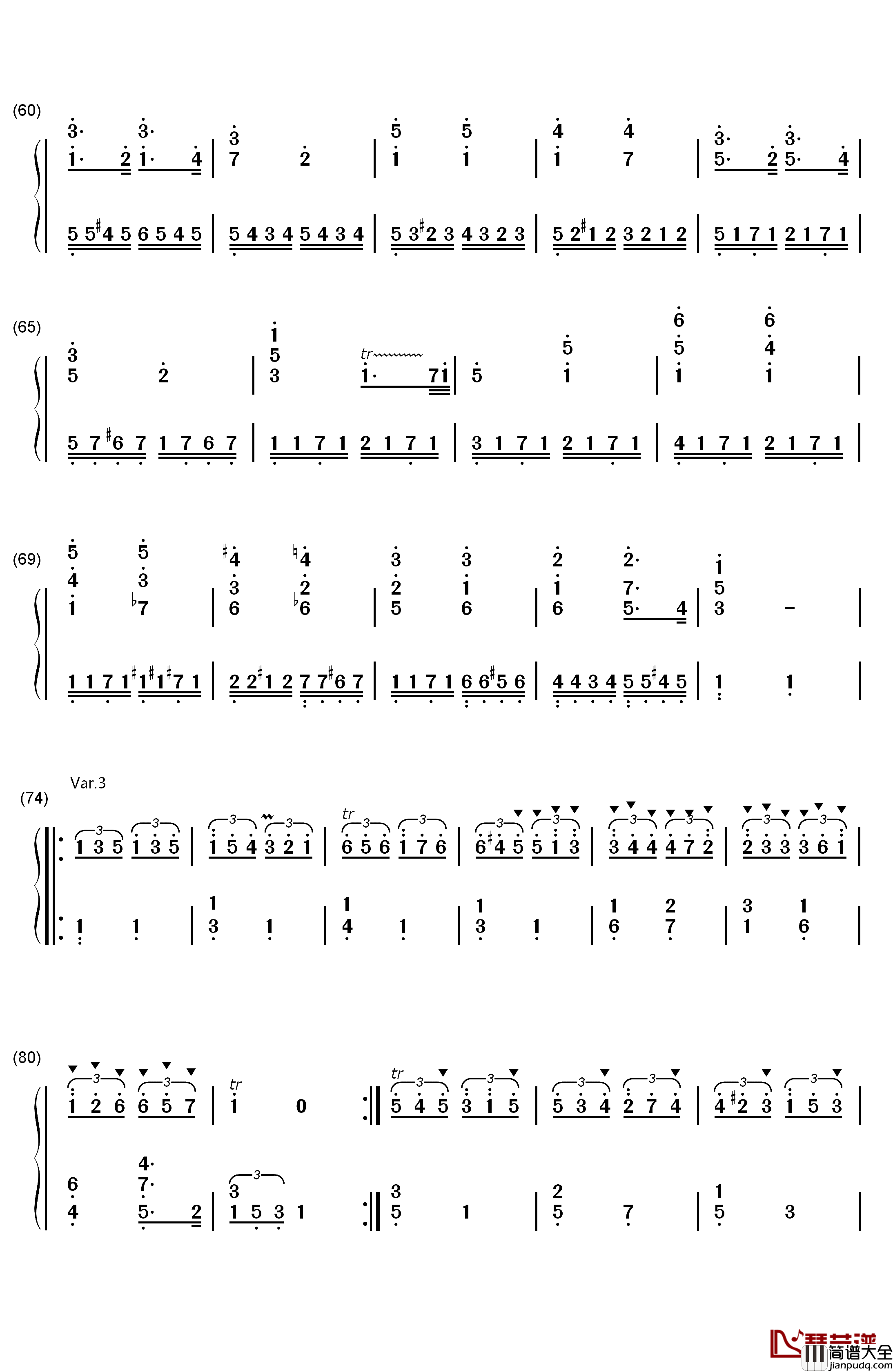 小星星变奏曲钢琴简谱_数字双手_莫扎特