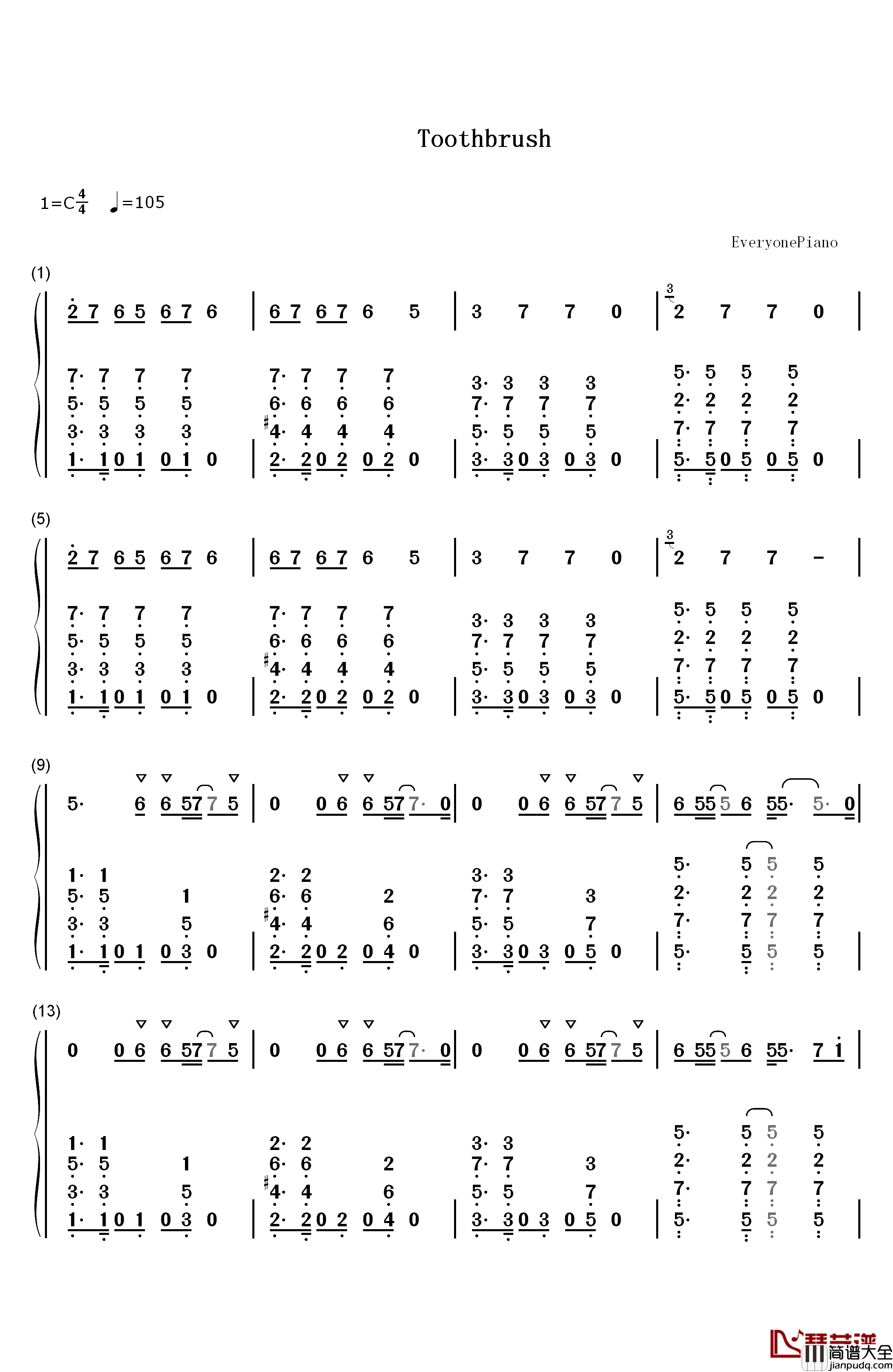 Toothbrush钢琴简谱_数字双手_DNCE