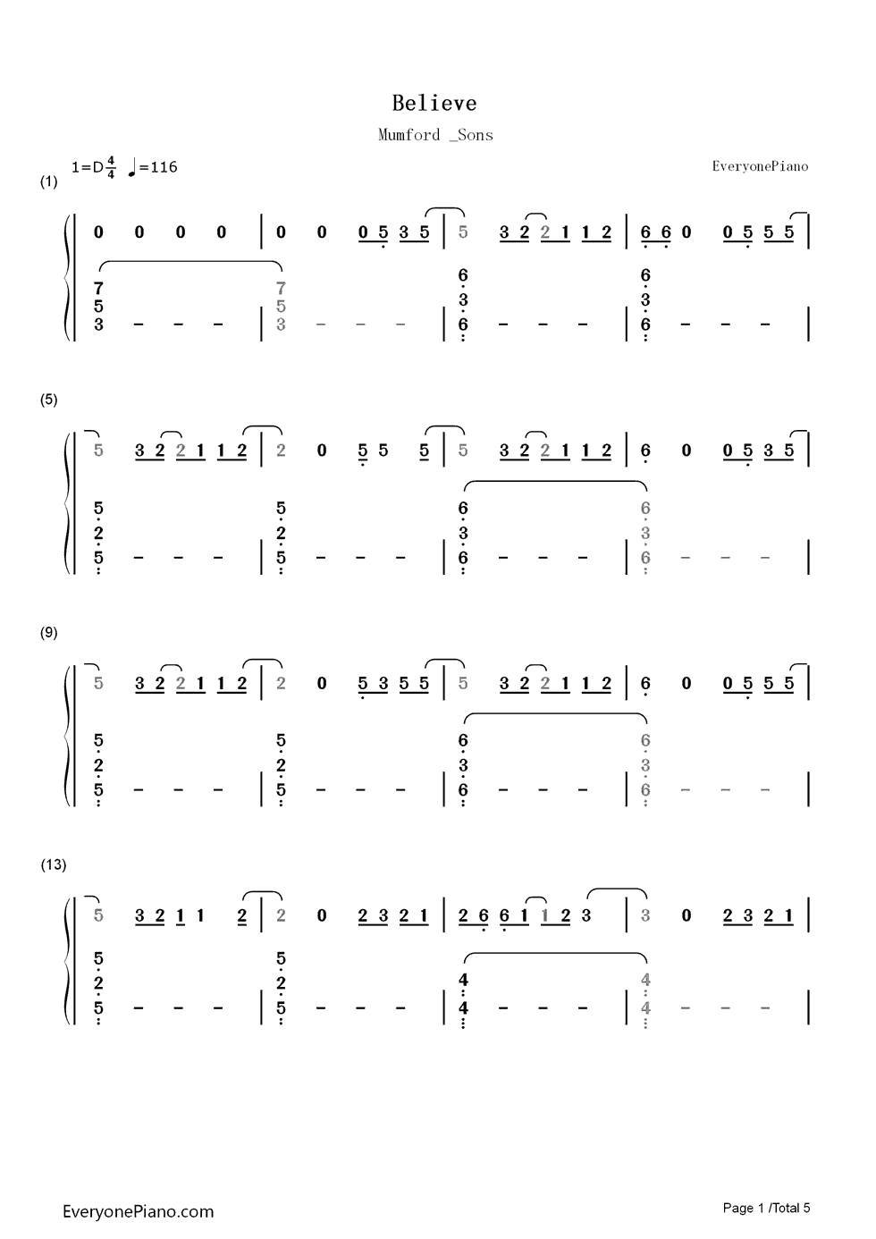 Believe钢琴简谱_数字双手_Mumford_&_Sons