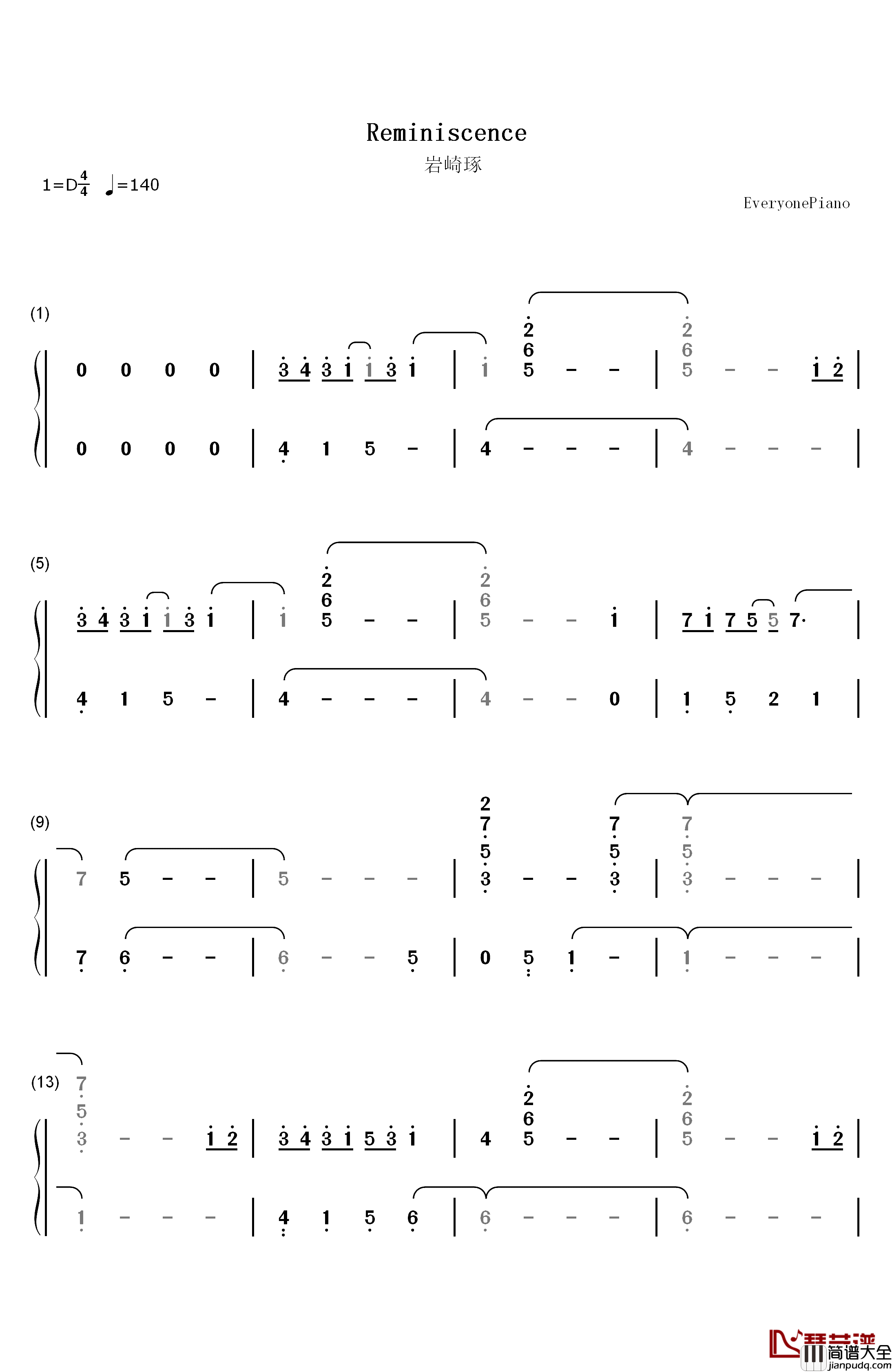 Reminiscence钢琴简谱_数字双手_岩崎琢