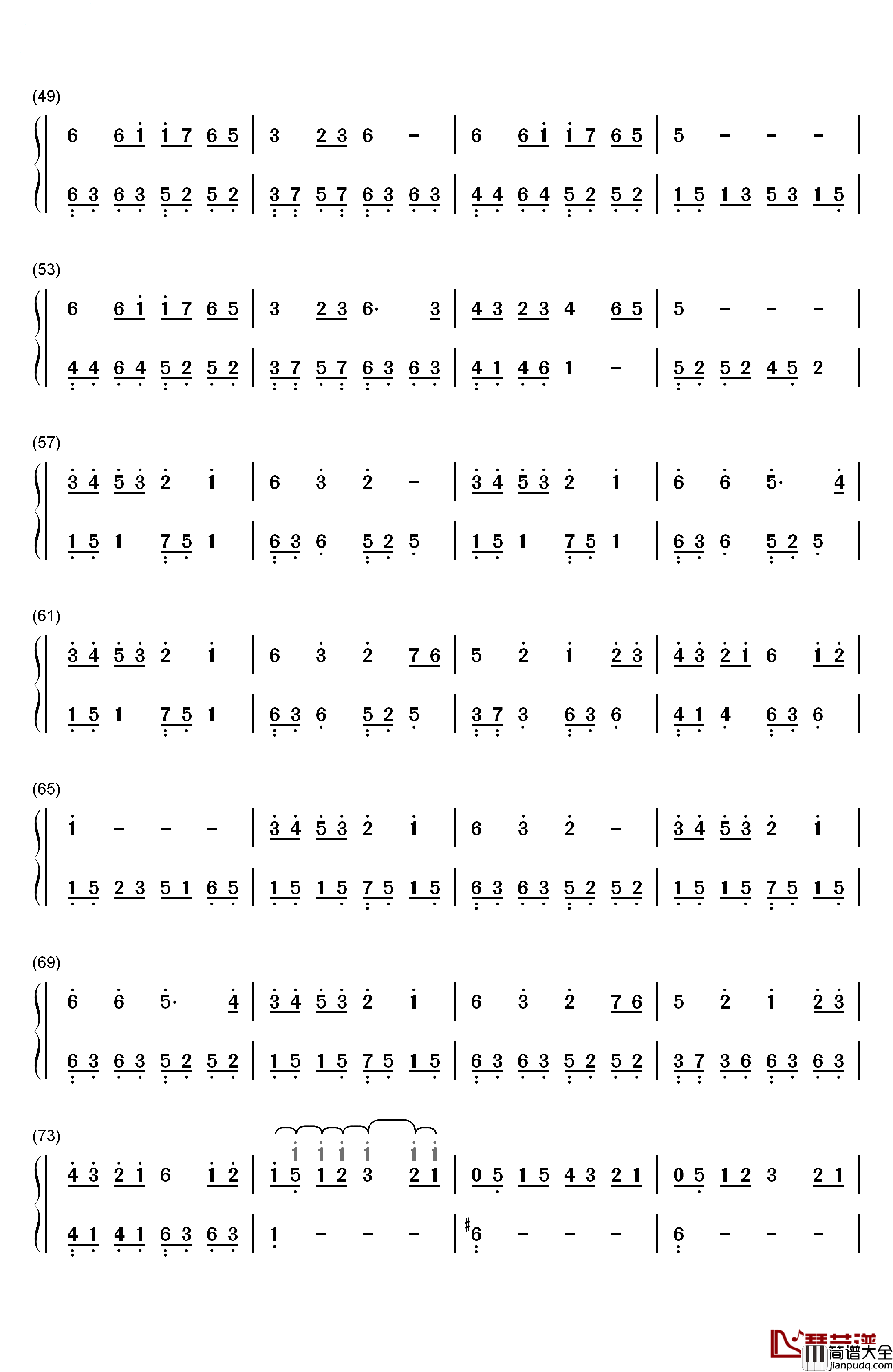 雪之梦钢琴简谱_数字双手_班得瑞_Bandari