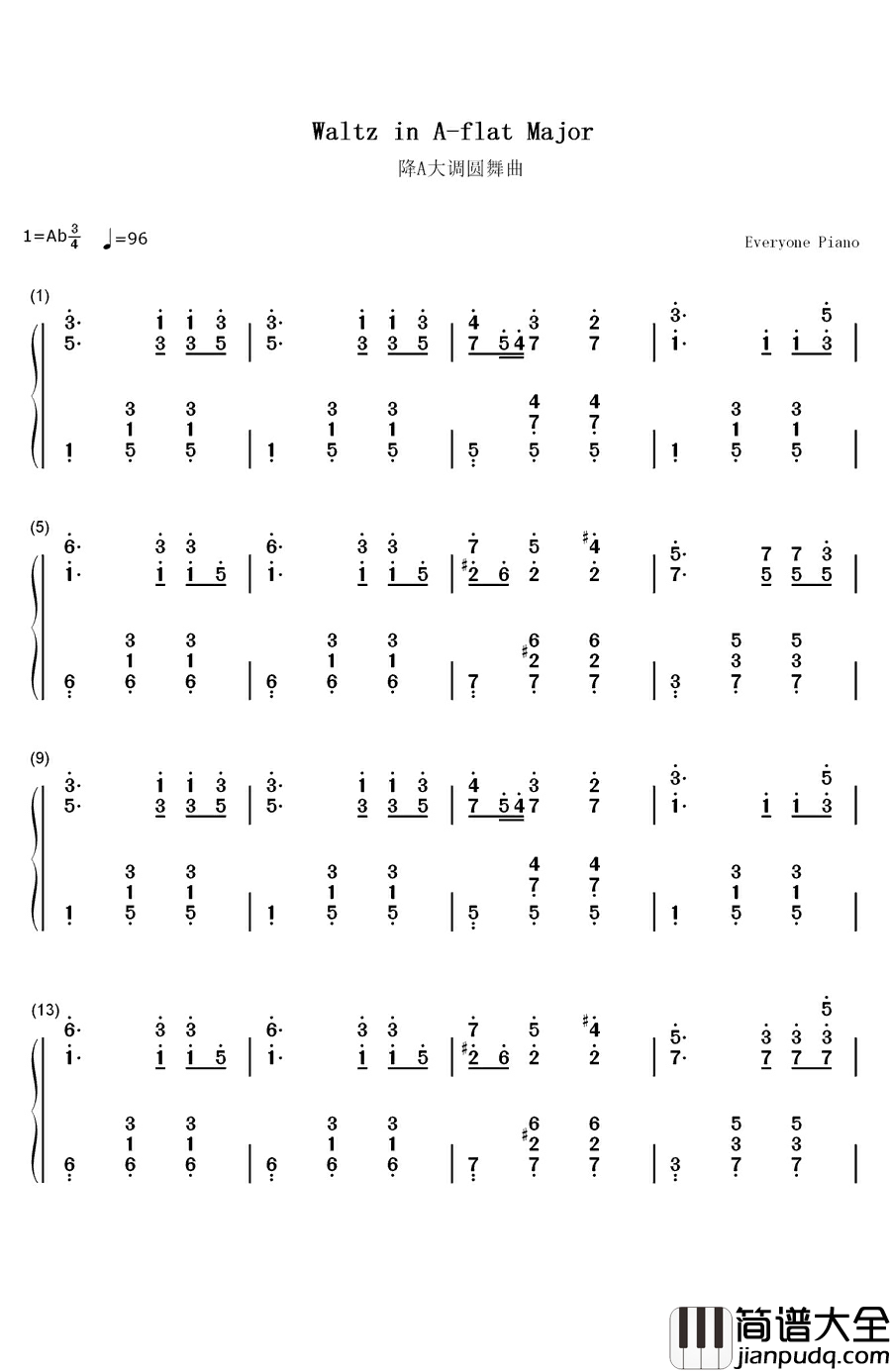 降A大调圆舞曲钢琴简谱_数字双手_勃拉姆斯