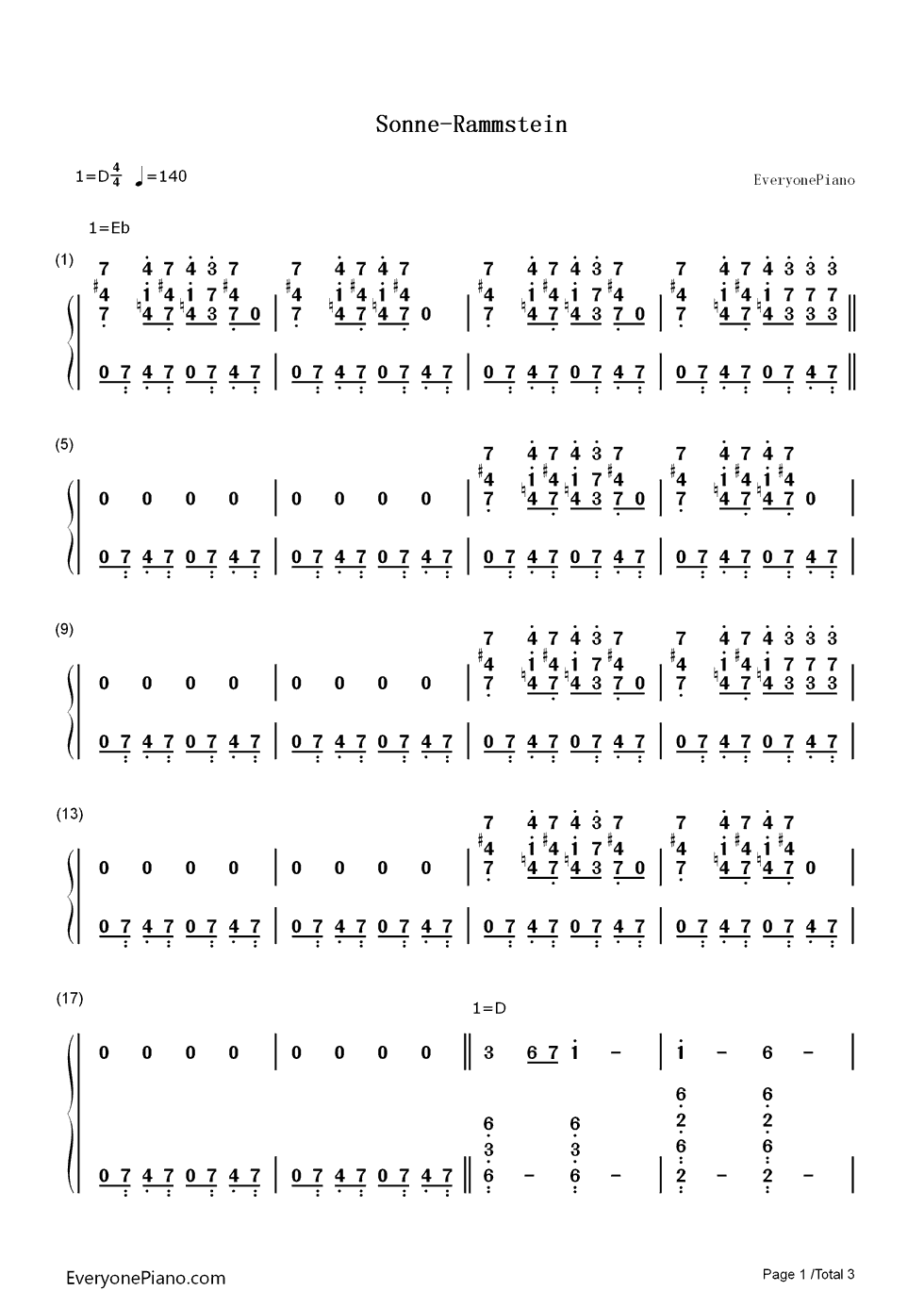Sonne钢琴简谱_数字双手_Rammstein